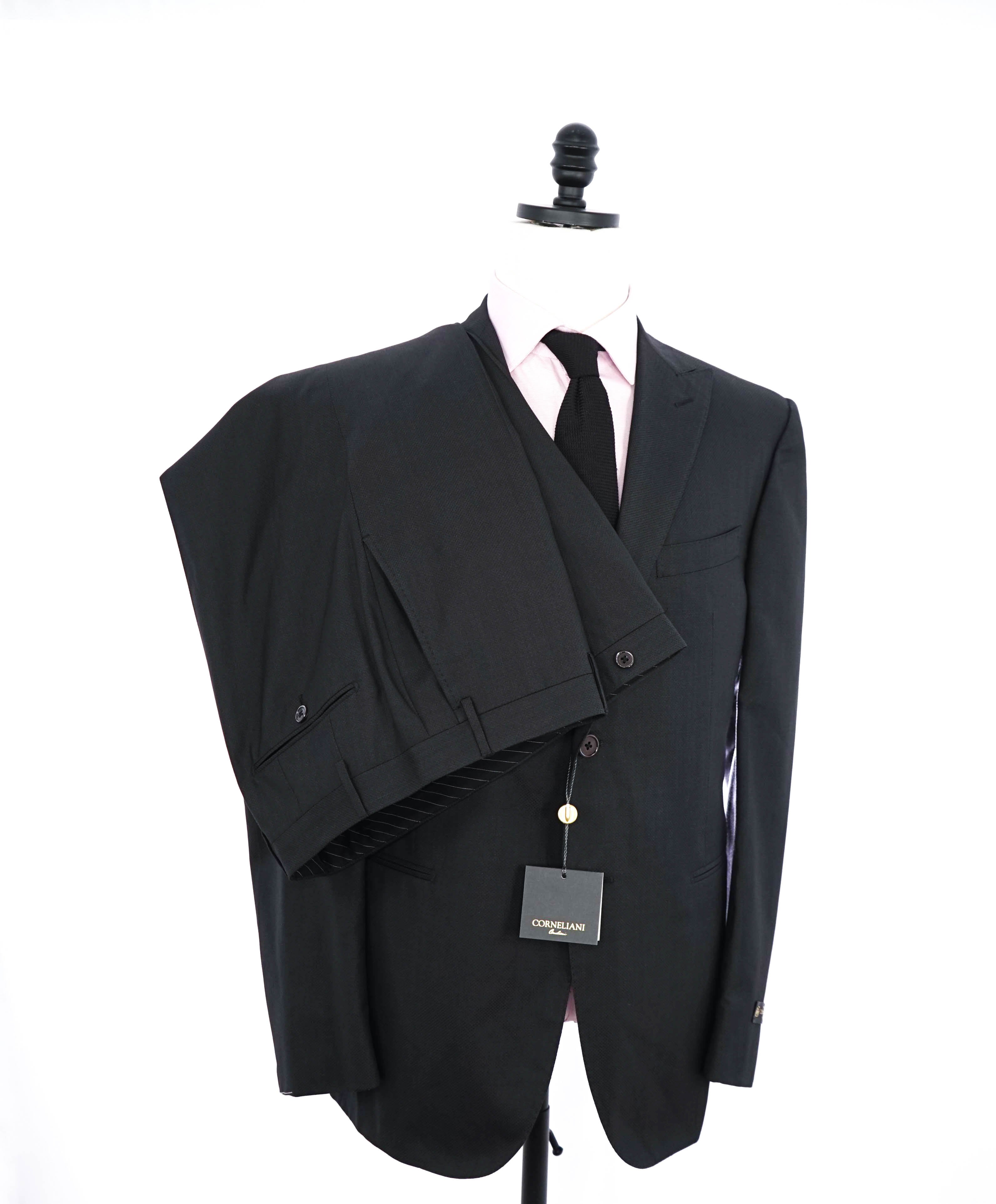 CORNELIANI - Peak Lapel GEOMETRIC Weave Wool/Silk Blend Black Suit - 44R