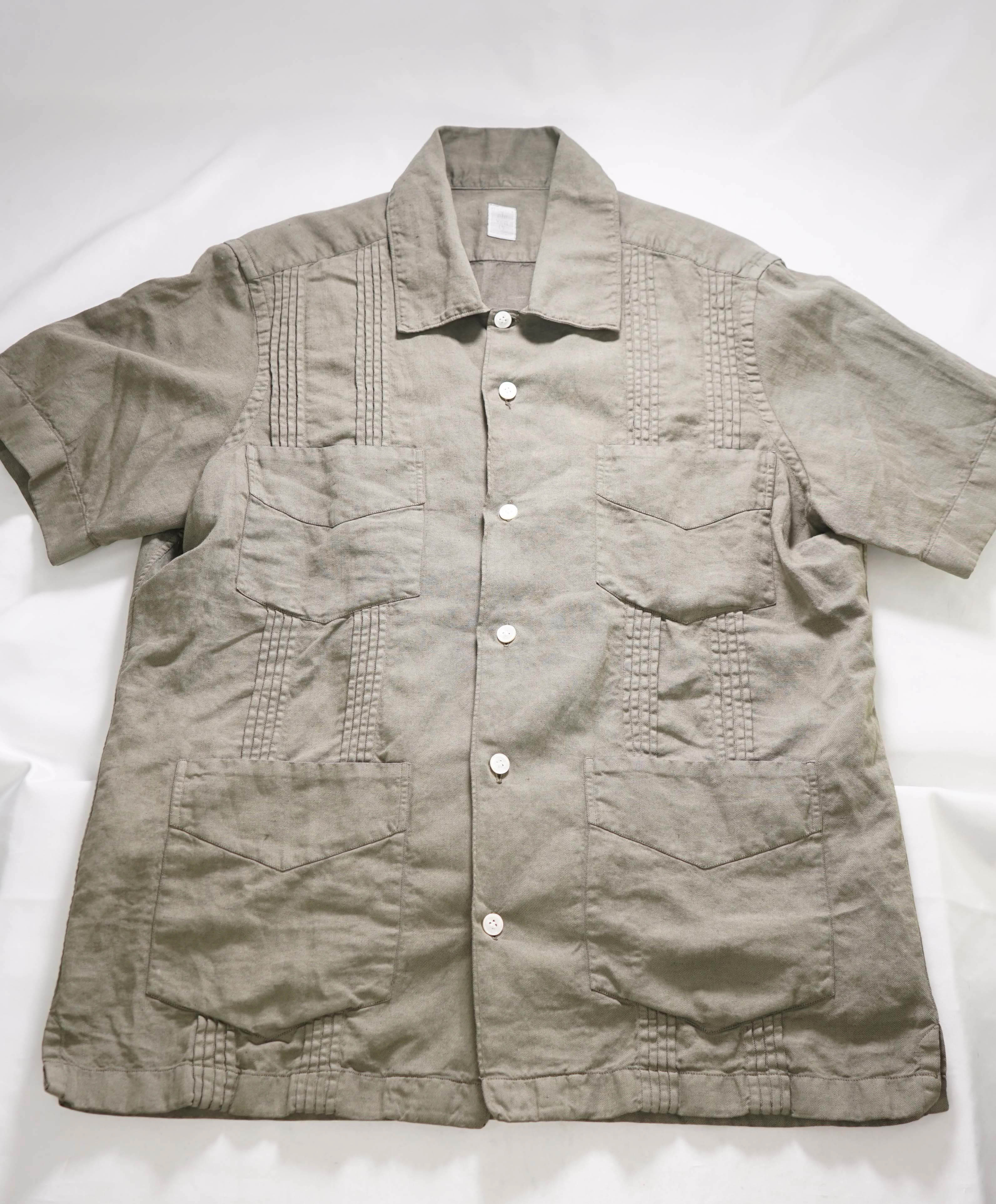 $495 ELEVENTY - *COTTON LINEN* Pleated Havana Camp Collar Resort Shirt - M