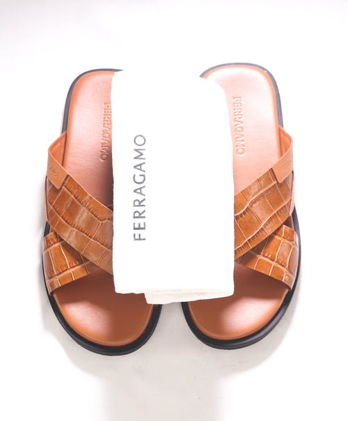 $750 SALVATORE FERRAGAMO - Brown Double Crossover Sandal Embossed Croc - 8 M