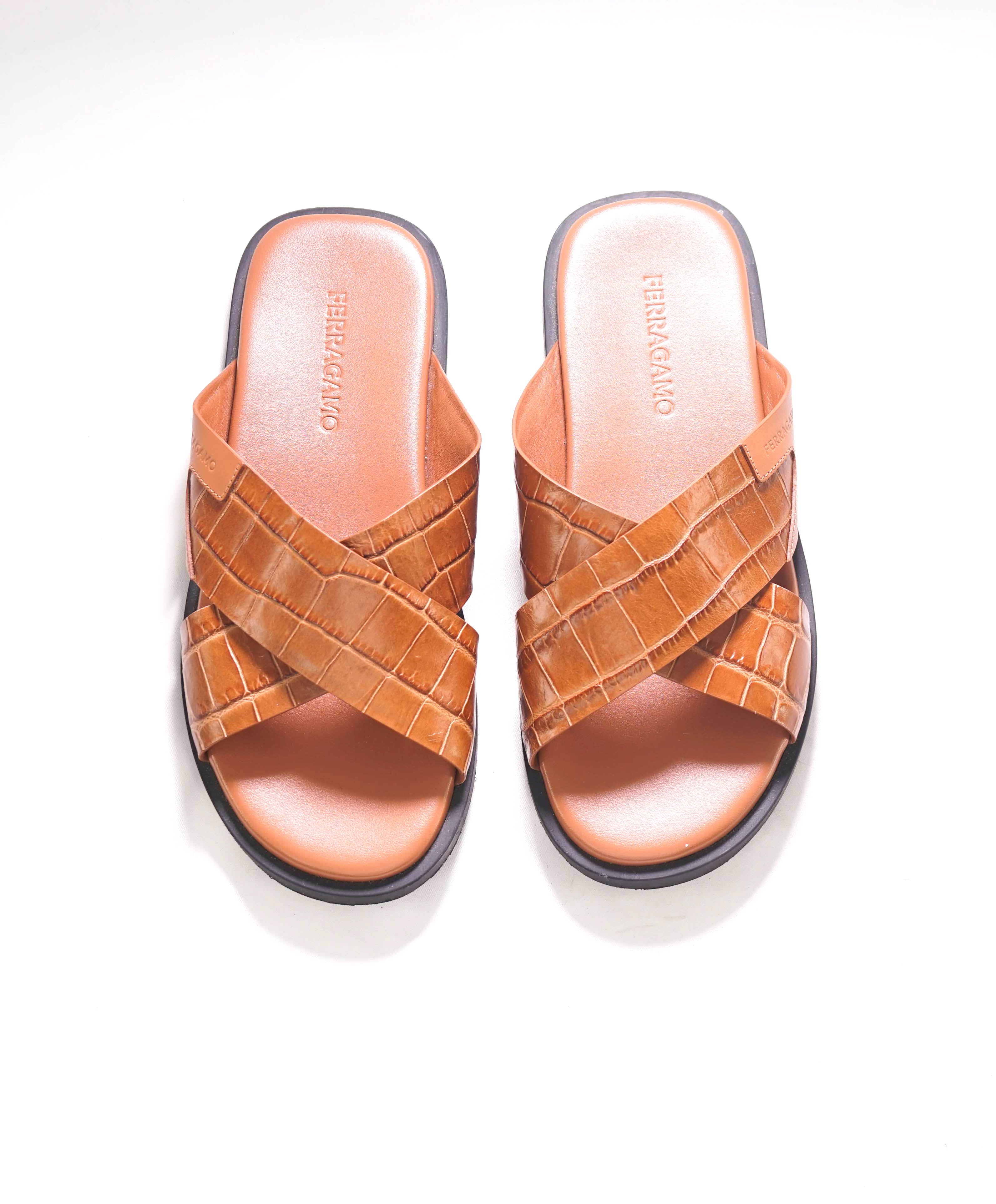 $750 SALVATORE FERRAGAMO - Brown Double Crossover Sandal Embossed Croc - 8 M