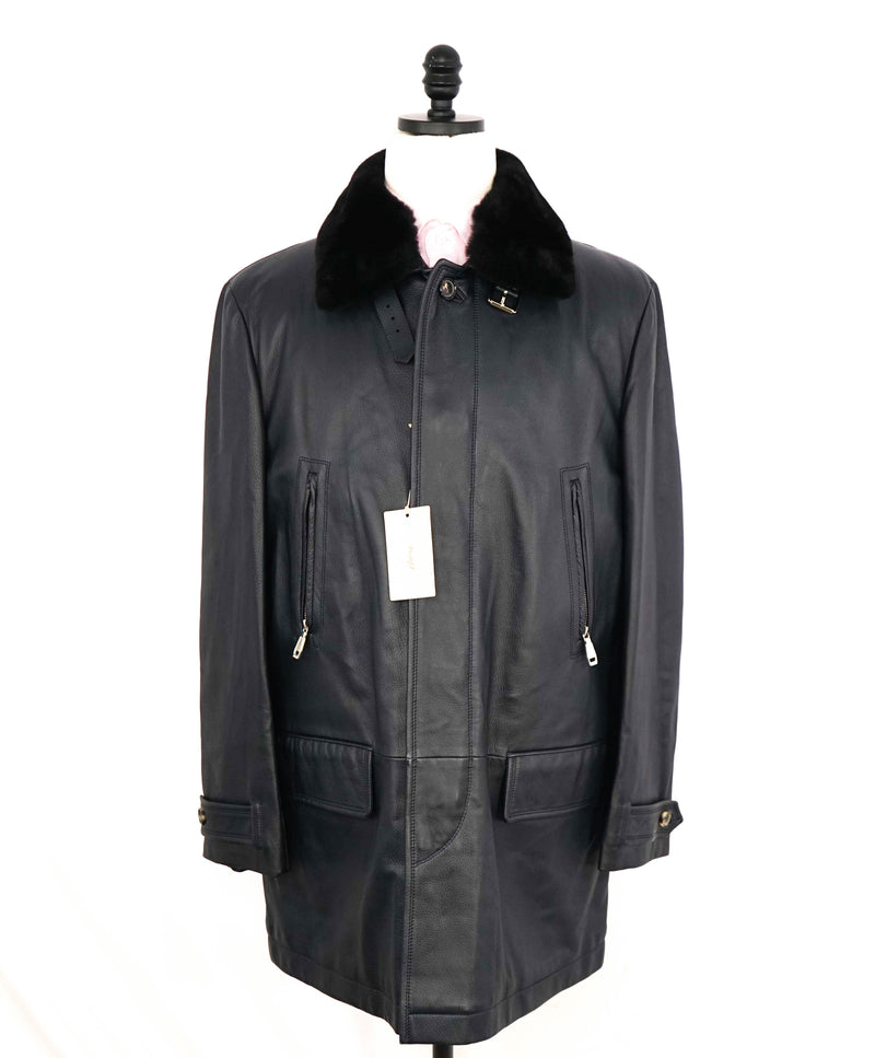 $14,975 BRIONI - Navy Leather With FUR Collar Fully Lined Coat - 44R