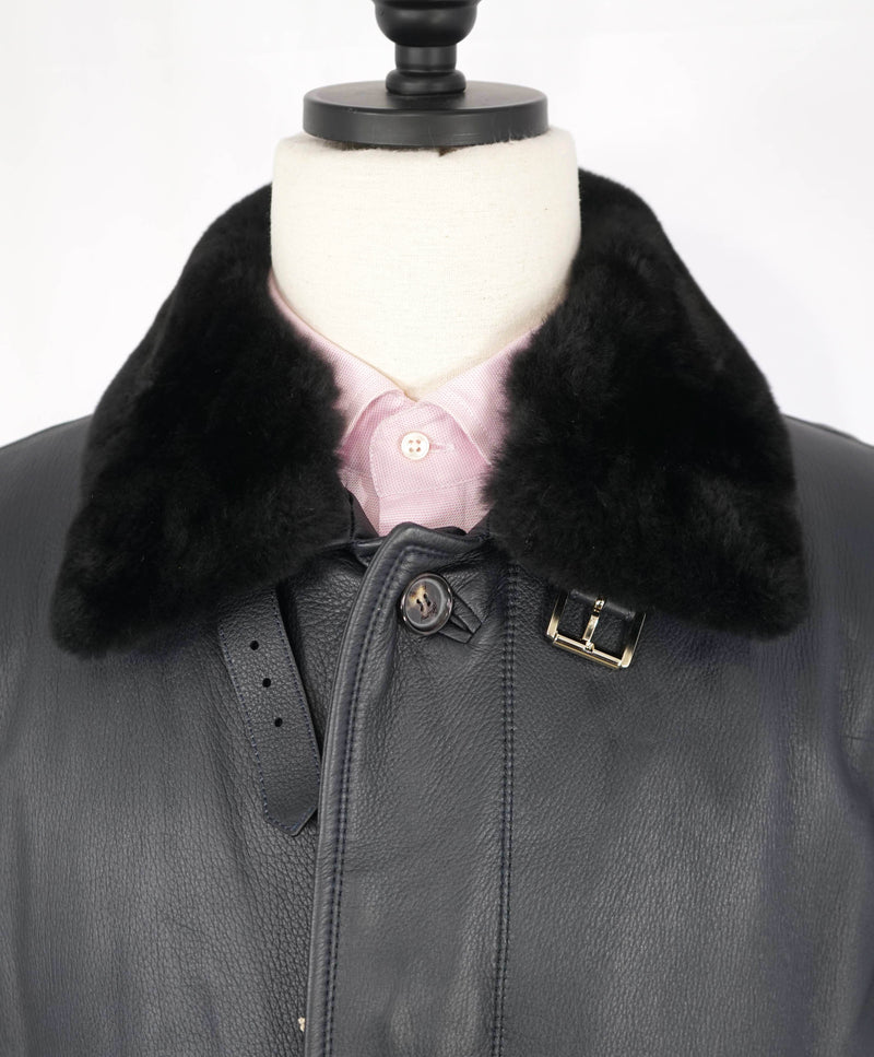 $14,975 BRIONI - Navy Leather With FUR Collar Fully Lined Coat - 44R