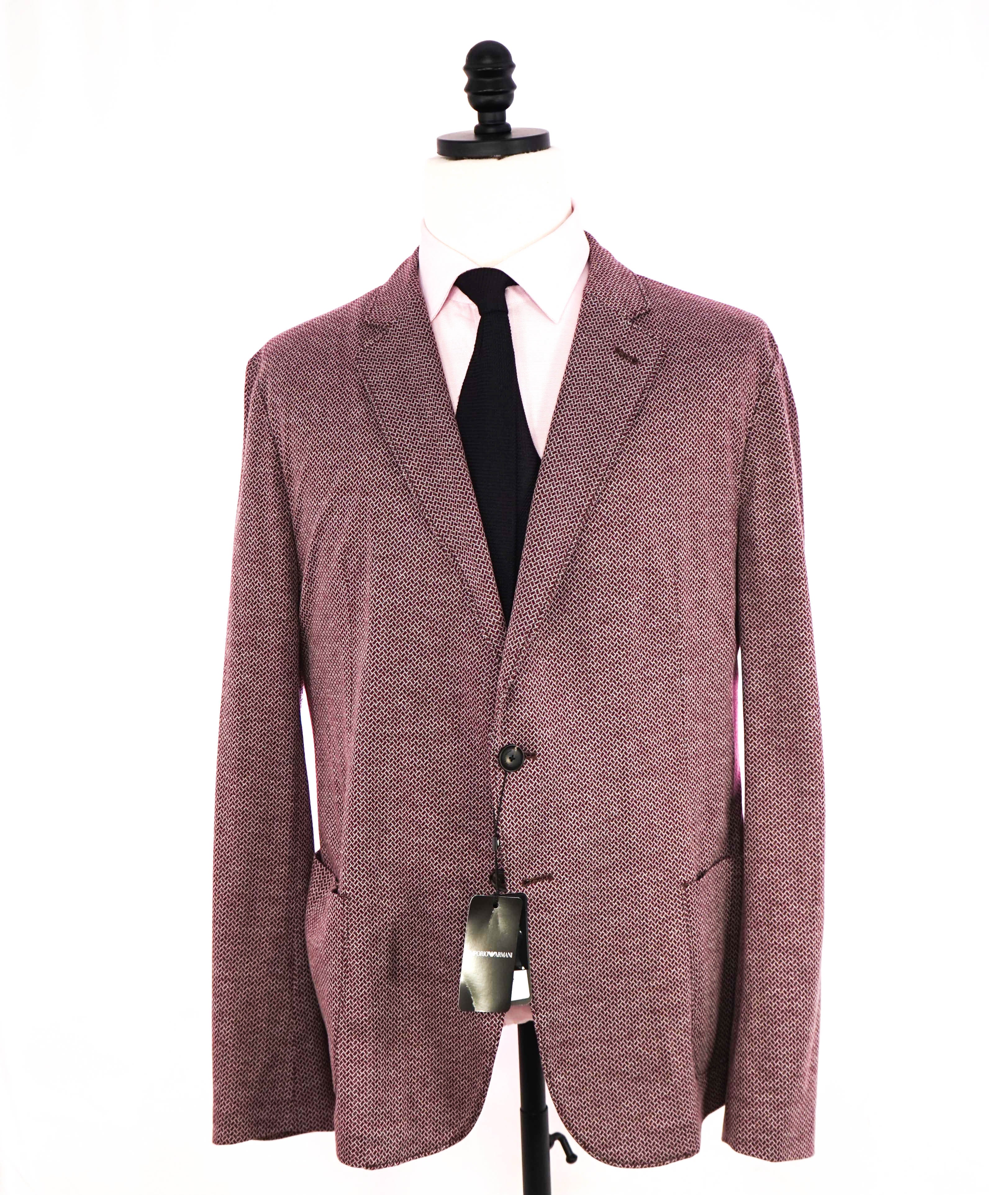 $1,595 EMPORIO ARMANI- BURGUNDY *Unlined Cotton* Geometric Blazer - 48R