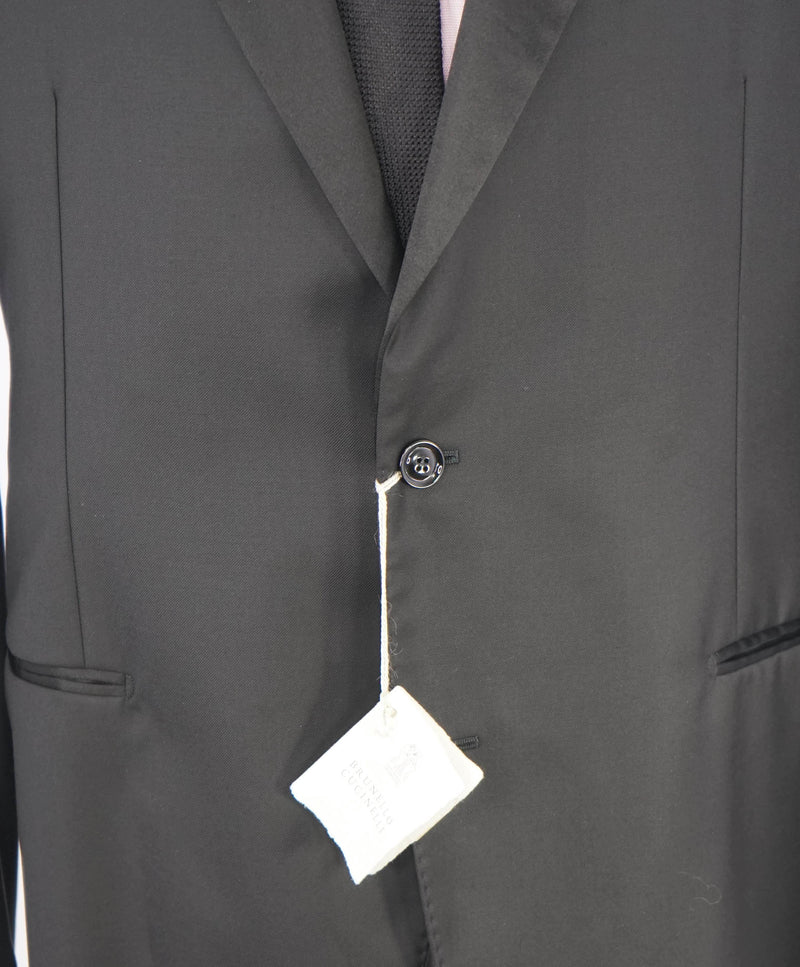 $5,995 BRUNELLO CUCINELLI - Black On Black Wide Peak Lapel Tuxedo Suit - 50R