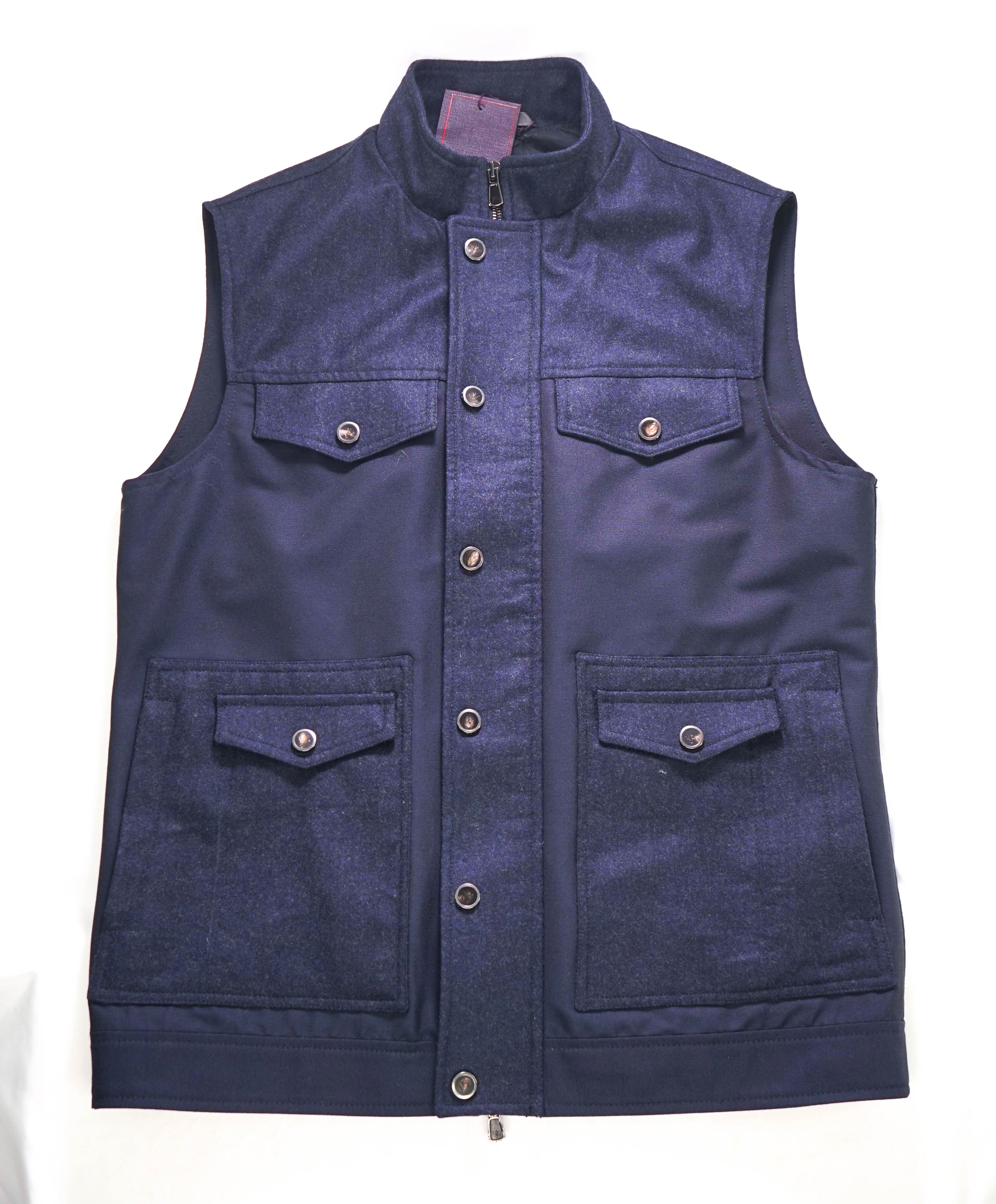 $2,000 ISAIA - Wool Navy Blue Logo Pocket Front Vest - 38R US