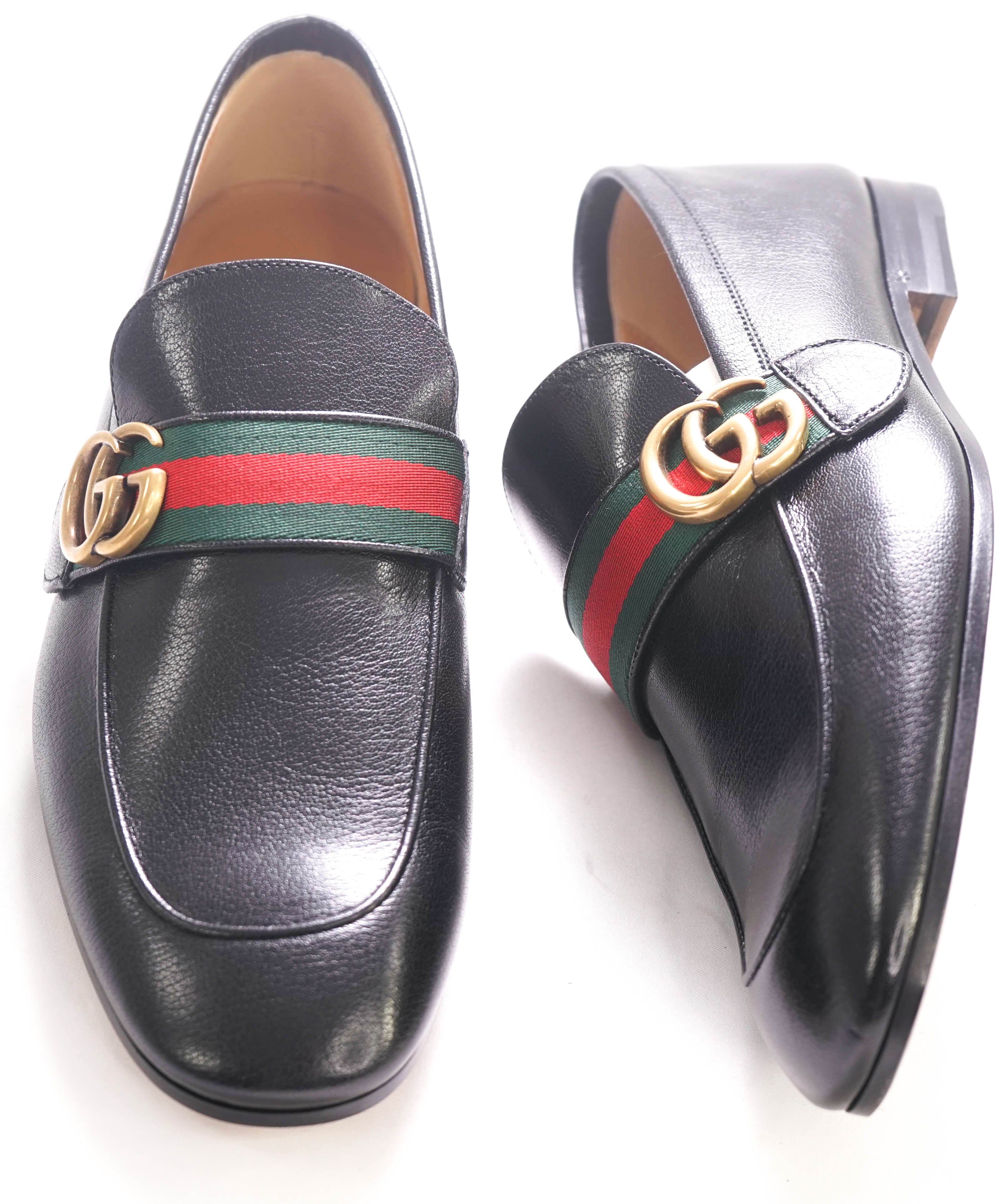 $1,050 GUCCI - "MARMONT" Black GG Web Detail Leather Loafers - 8.5US (8G)