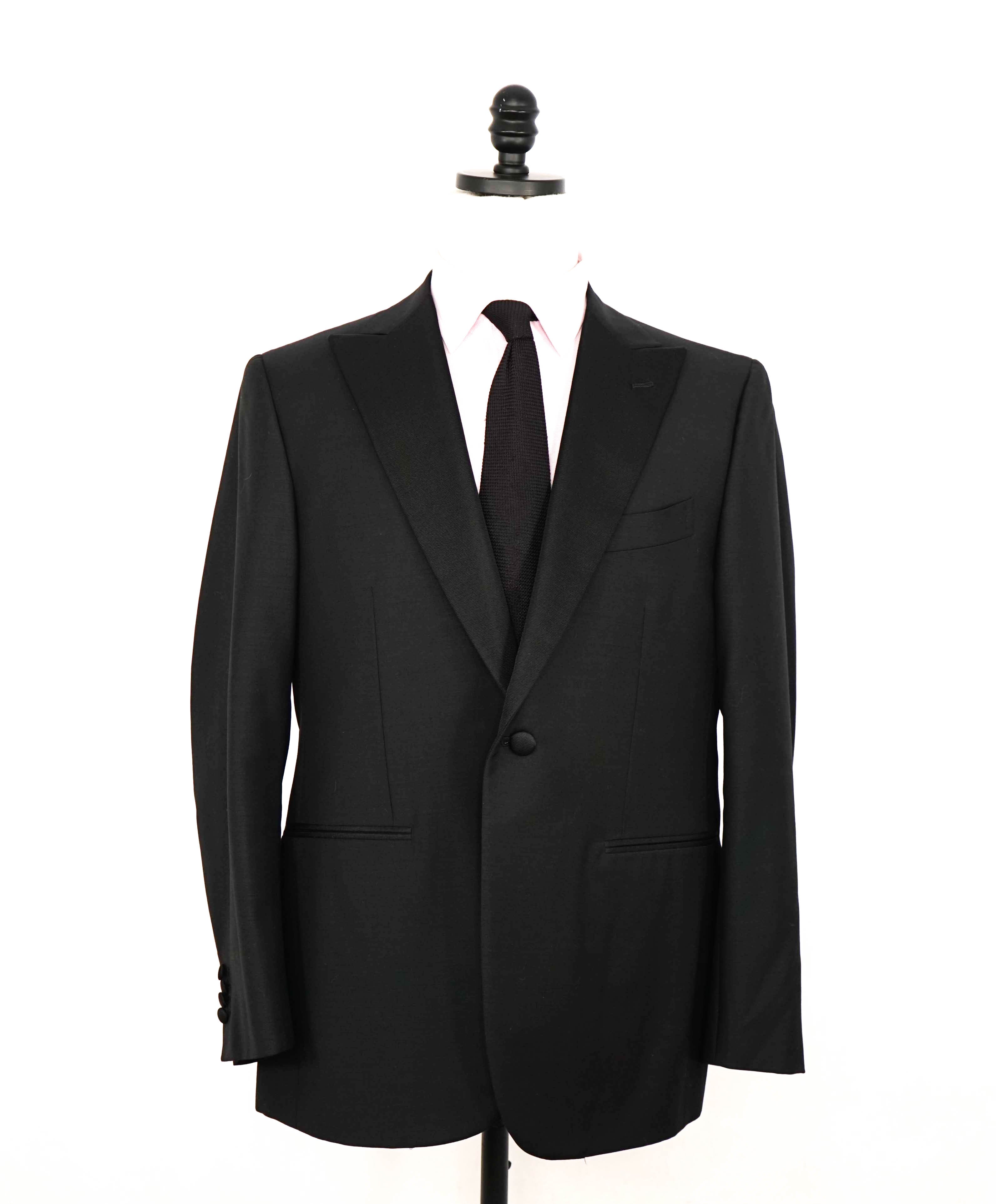 $4,595 ISAIA - "AQUASPIDER" Satin PEAK LAPEL Black Wool Tuxedo - 42S