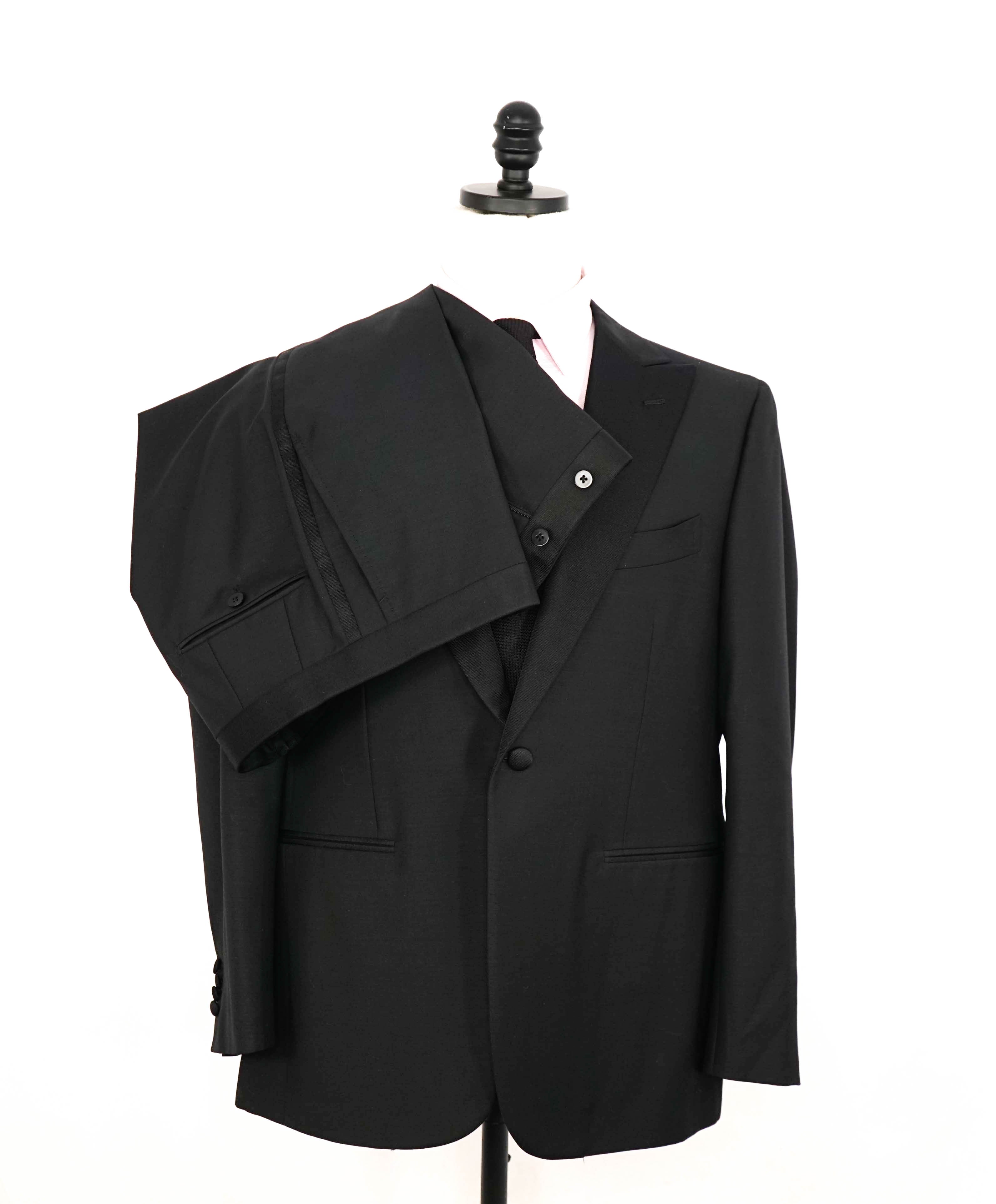 $4,595 ISAIA - "AQUASPIDER" Satin PEAK LAPEL Black Wool Tuxedo - 42S