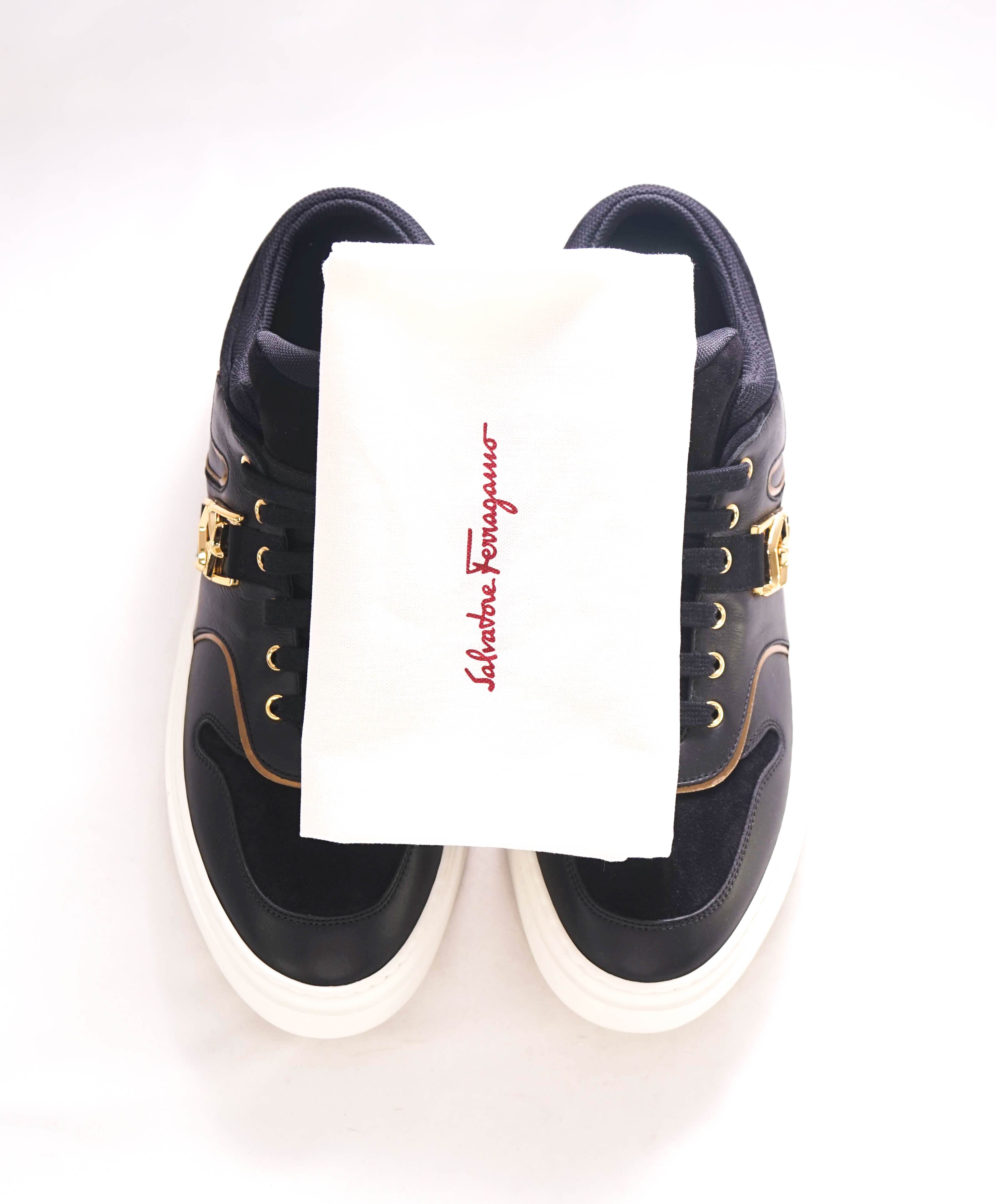 $750 SALVATORE FERRAGAMO - "NORIS" Black/White Gold Gancini Sneaker - 12 M US