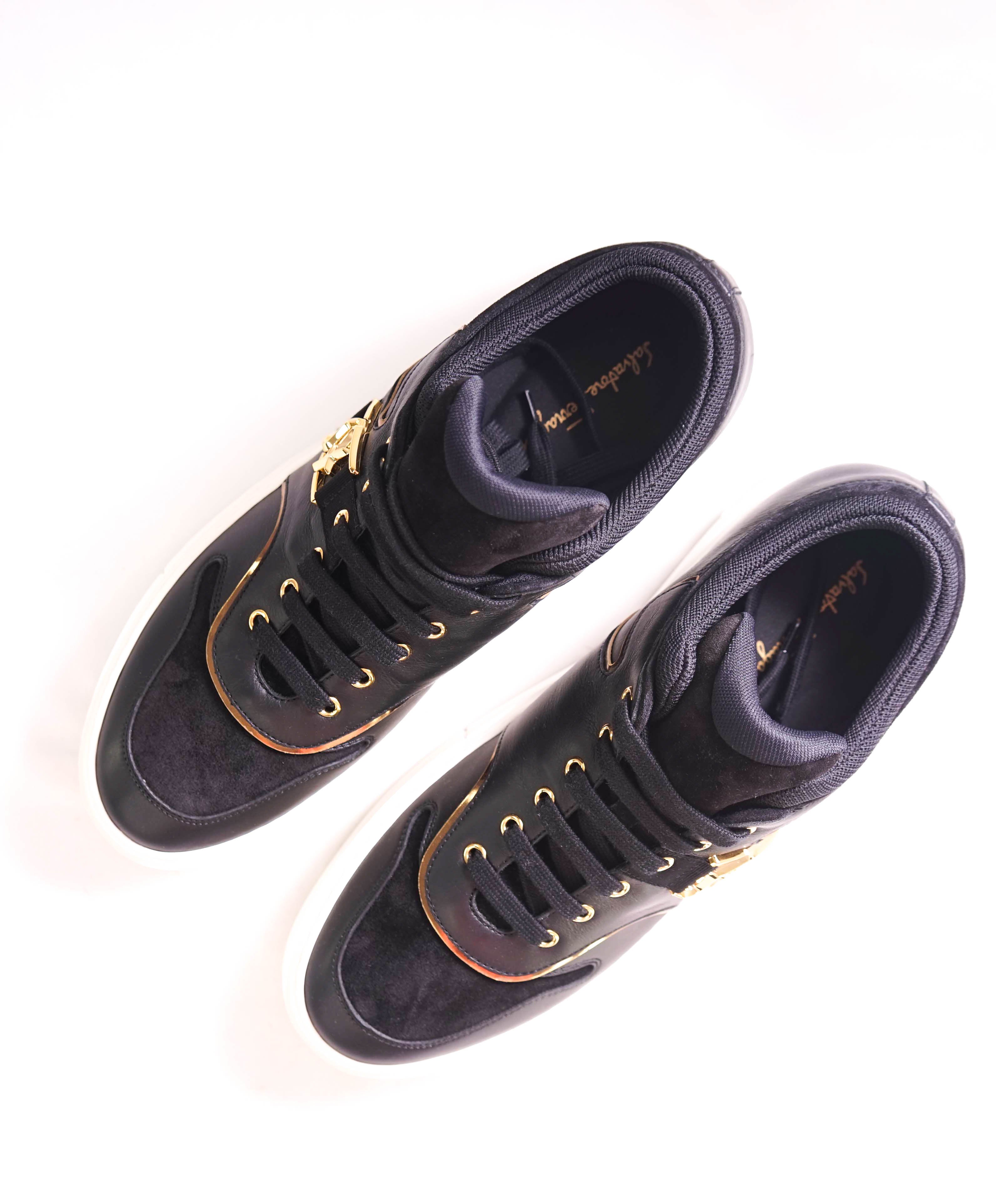 $750 SALVATORE FERRAGAMO - "NORIS" Black/White Gold Gancini Sneaker - 12 M US