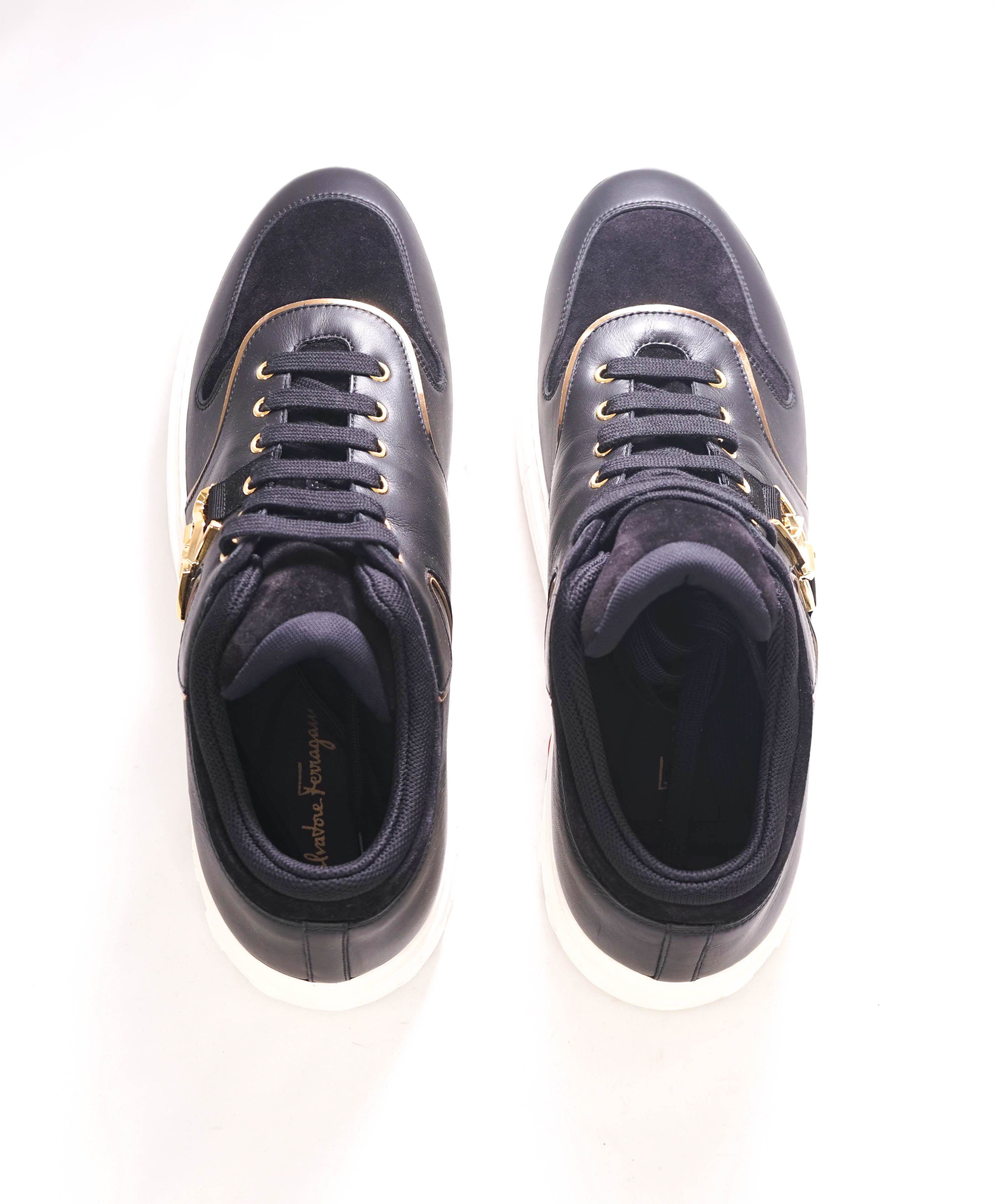 $750 SALVATORE FERRAGAMO - "NORIS" Black/White Gold Gancini Sneaker - 12 M US