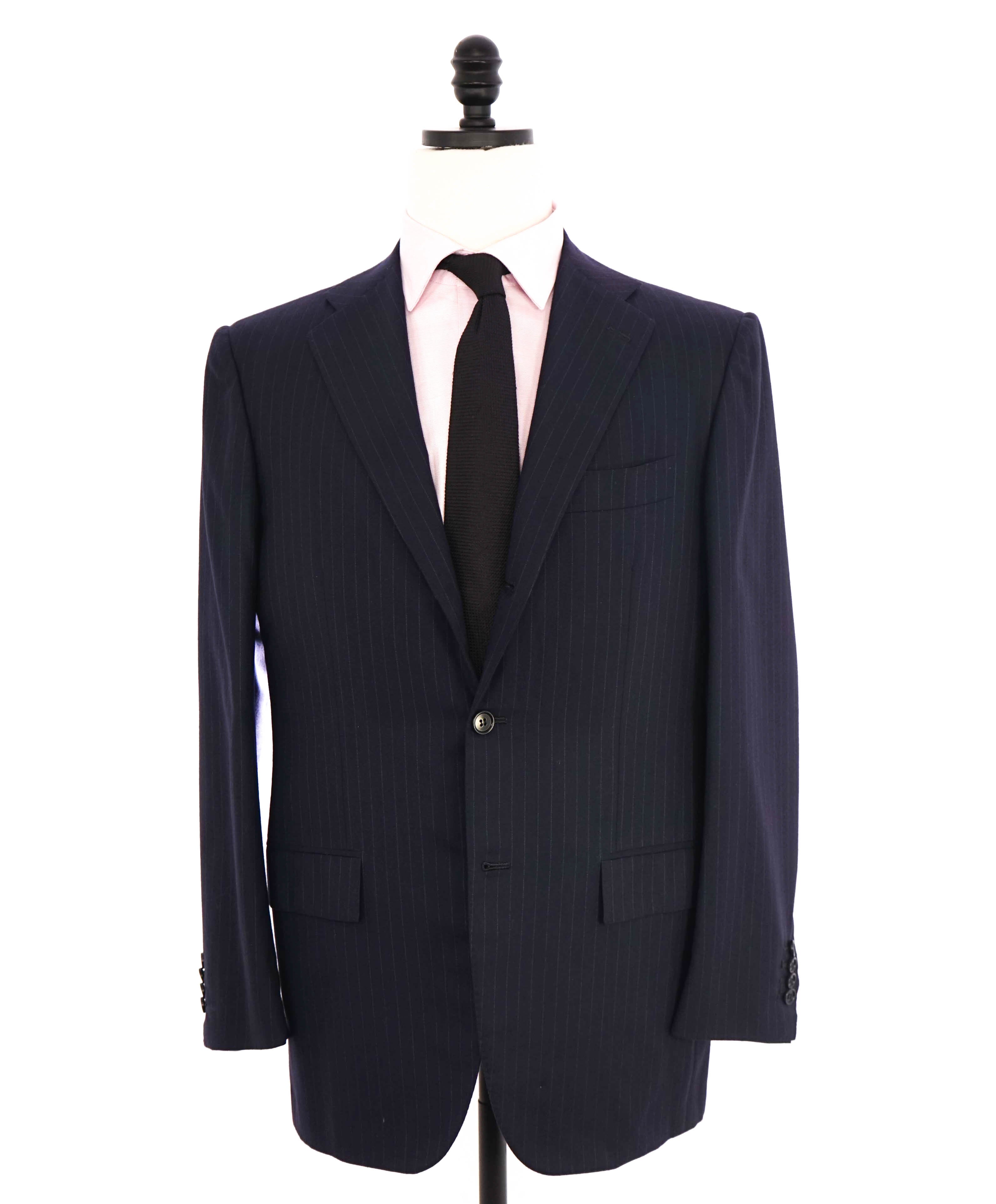 $10,000 KITON - "DIAMANTE BLUE" Iconic Chalk Stripe Navy Suit 2-3 Roll Lapel - 46R