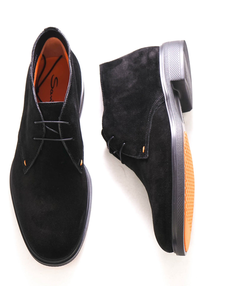 $850 SANTONI - Black Suede Chukka Ankle Boots Orange Rubber Sole - 8US 7UK