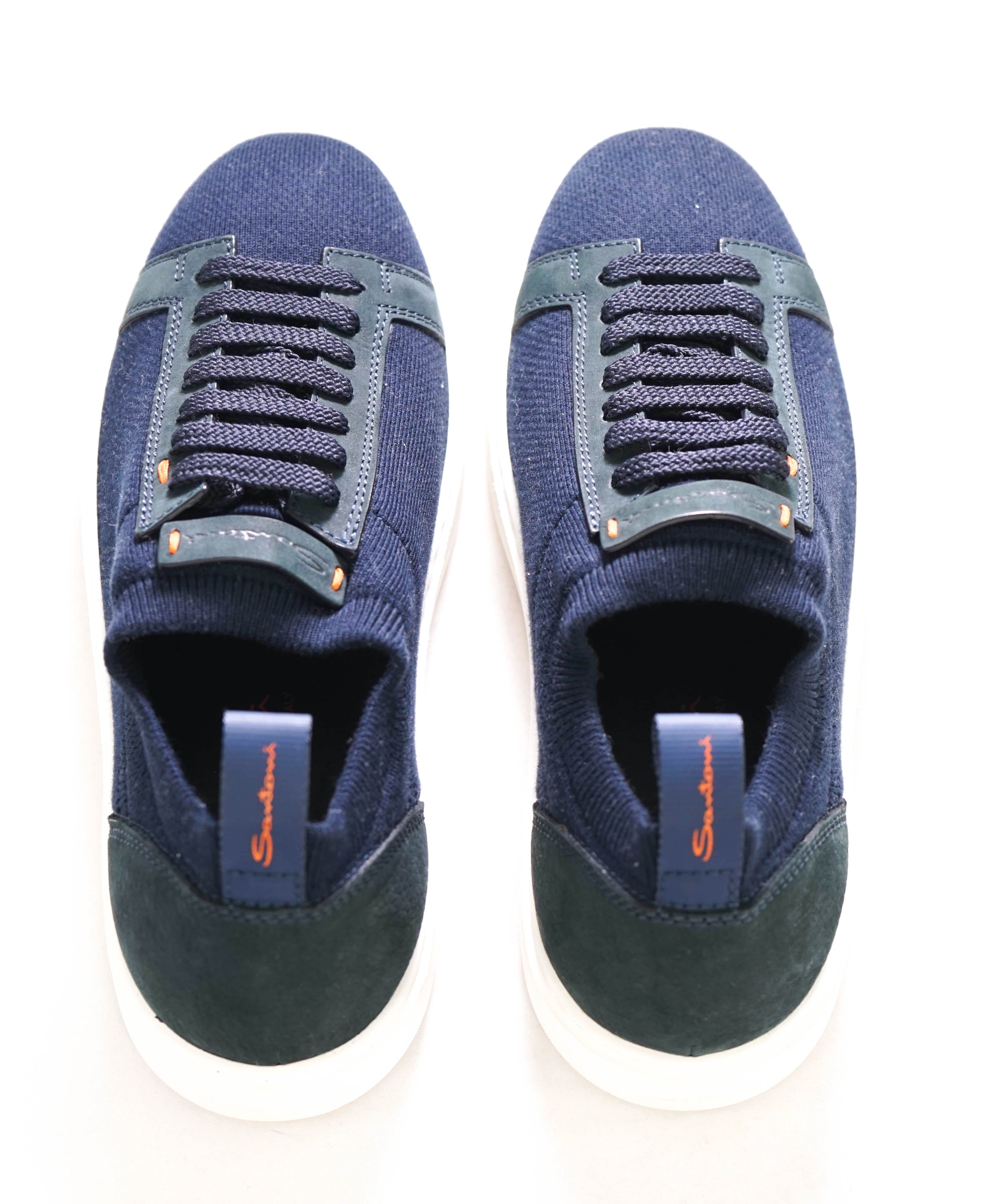 $700 SANTONI - Blue Mixed Media Leather Sneakers - 7.5 US (6.5 IT)