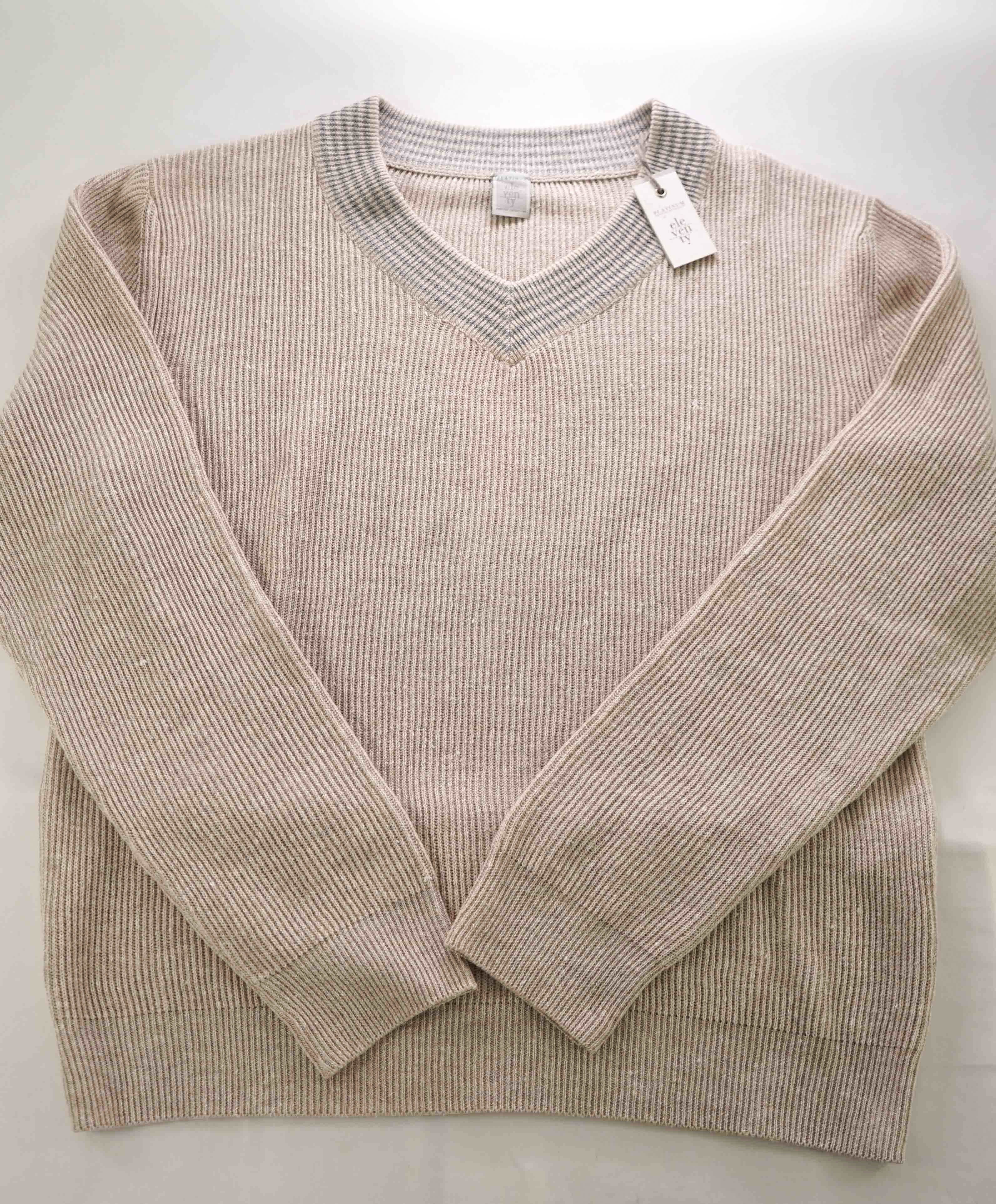 $545 ELEVENTY - Tipped CRICKET SWEATER Cotton/Linen V-Neck Sweater - S