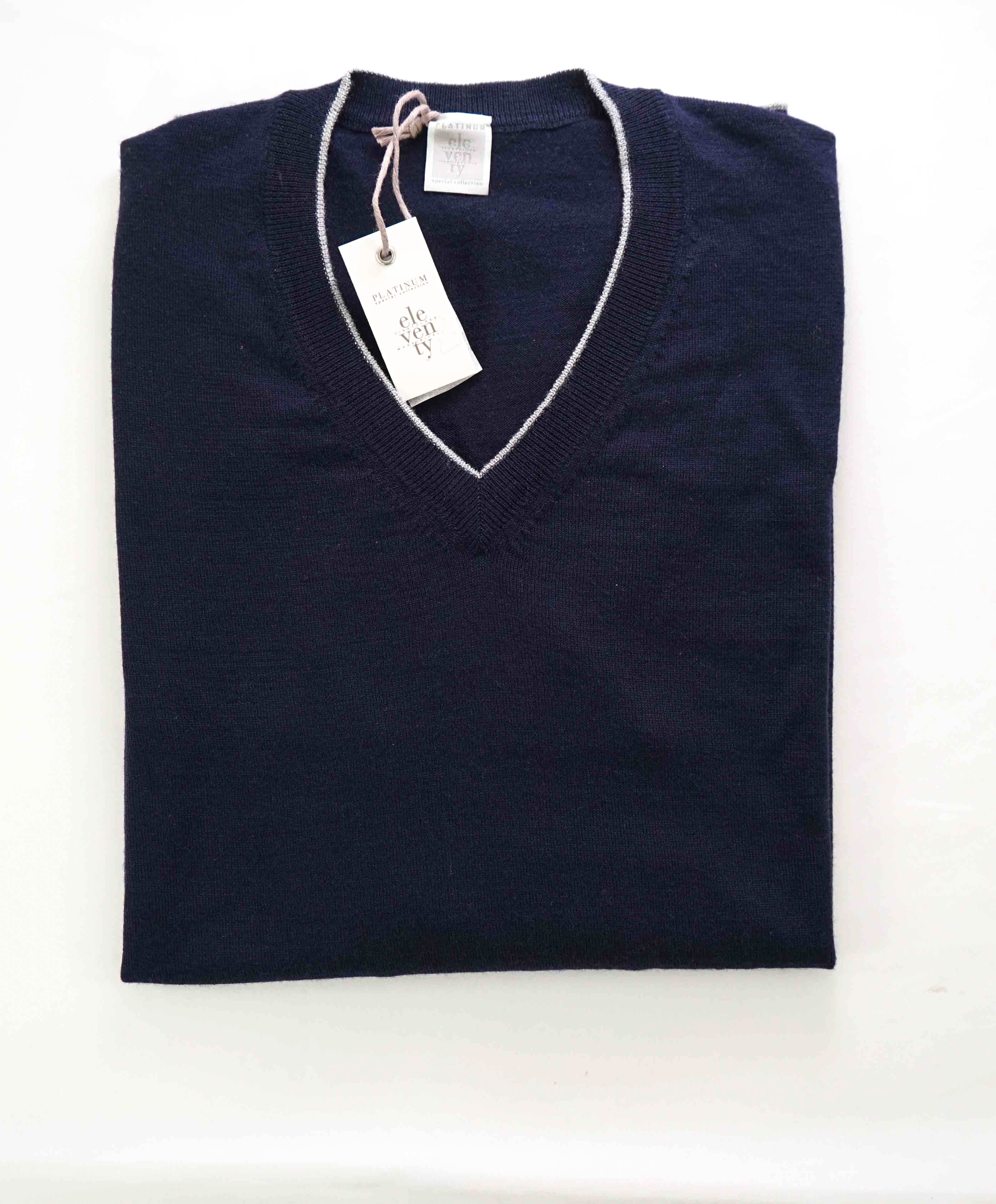 $545 ELEVENTY - Navy / Gray Tipped Silk/Wool V-Neck Sweater - S