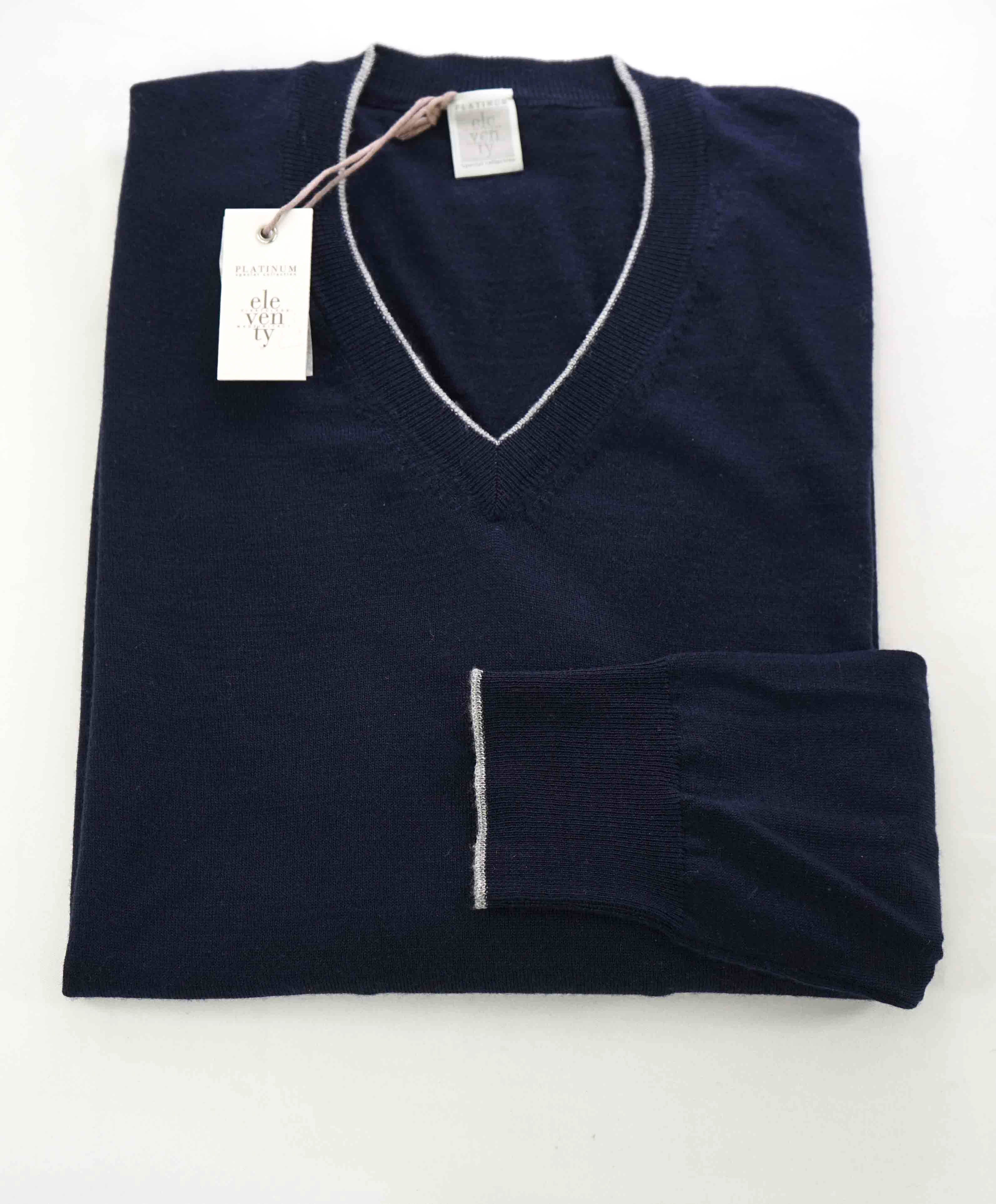 $545 ELEVENTY - Navy / Gray Tipped Silk/Wool V-Neck Sweater - S