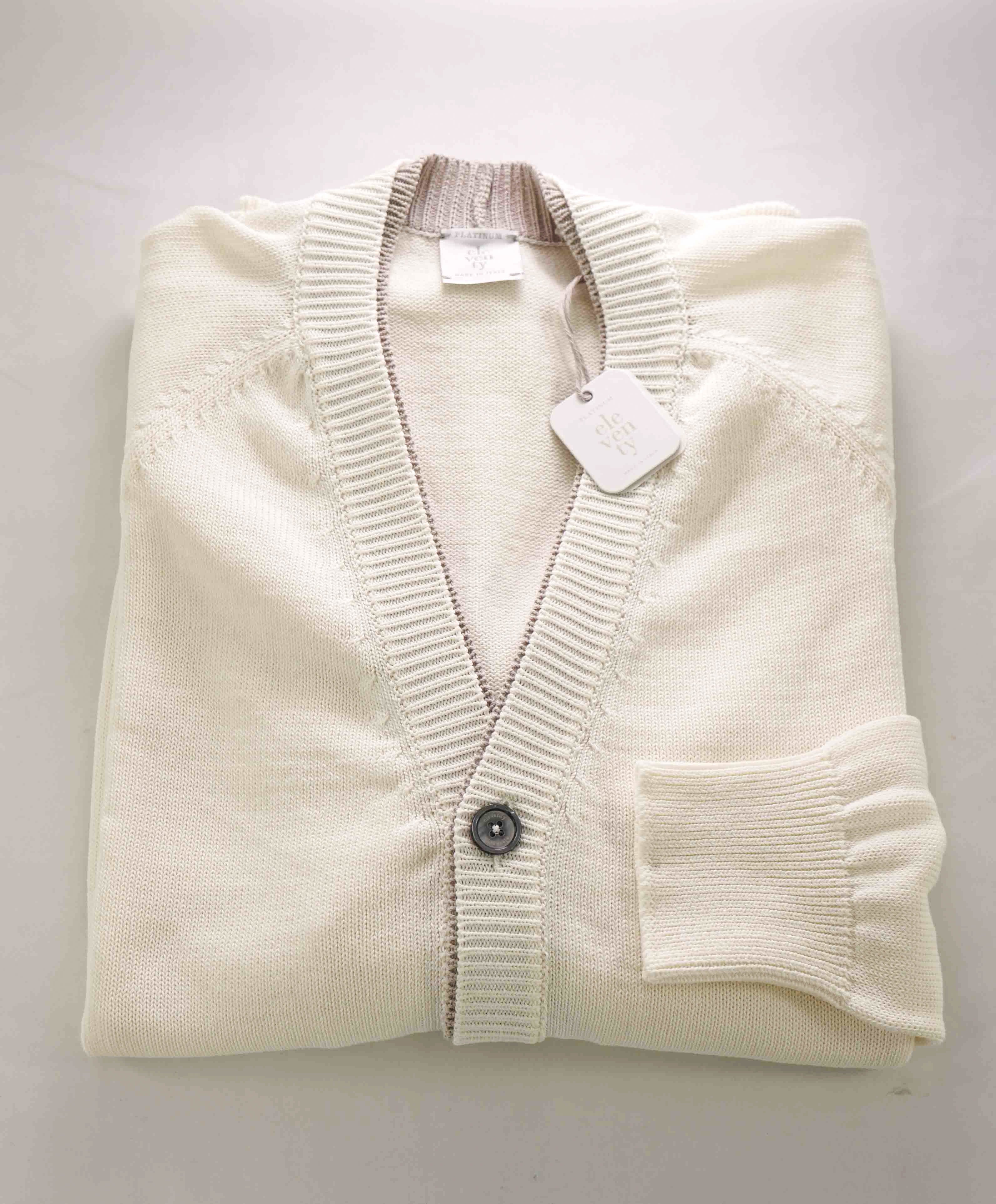 $795 ELEVENTY -Ivory Tipped Cotton MOP Button Cardigan Ribbed Sweater- Medium