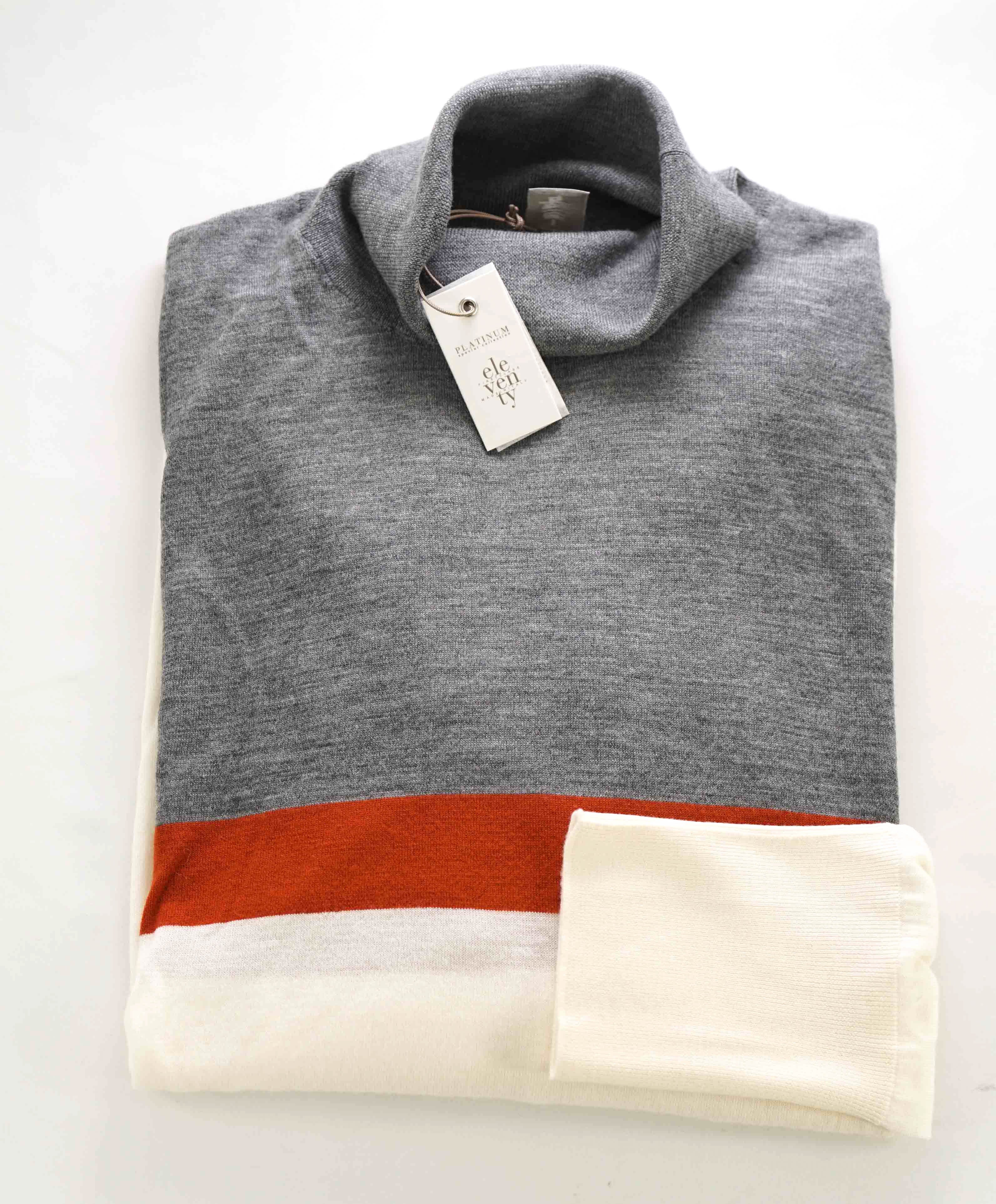 $875 ELEVENTY - Colorblock Gray Ivory *PLATINUM* Wool Turtleneck Sweater - L