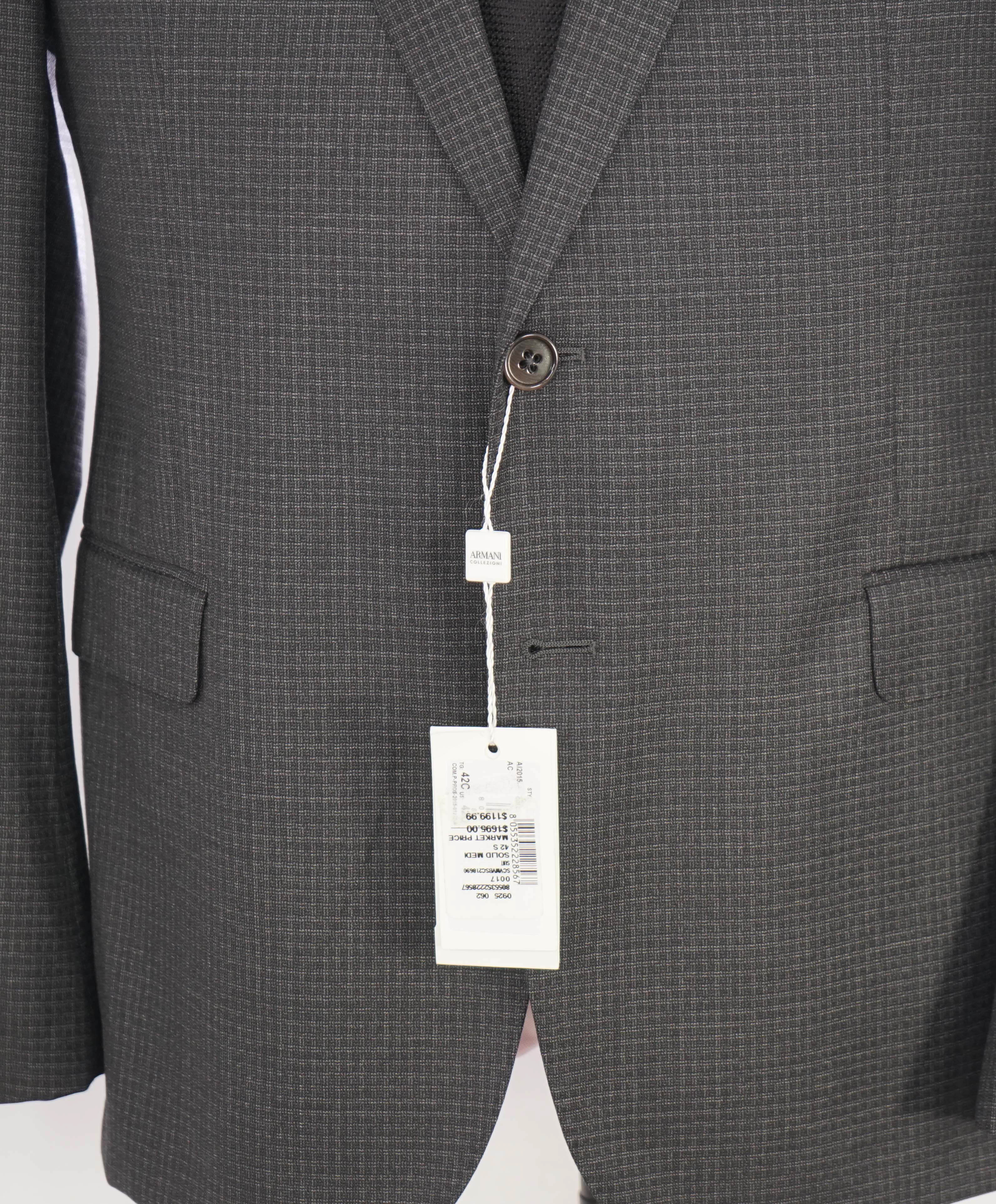 $2,000 ARMANI COLLEZIONI - “M Line” Micro-Check Basket Weave Gray Suit - 42S