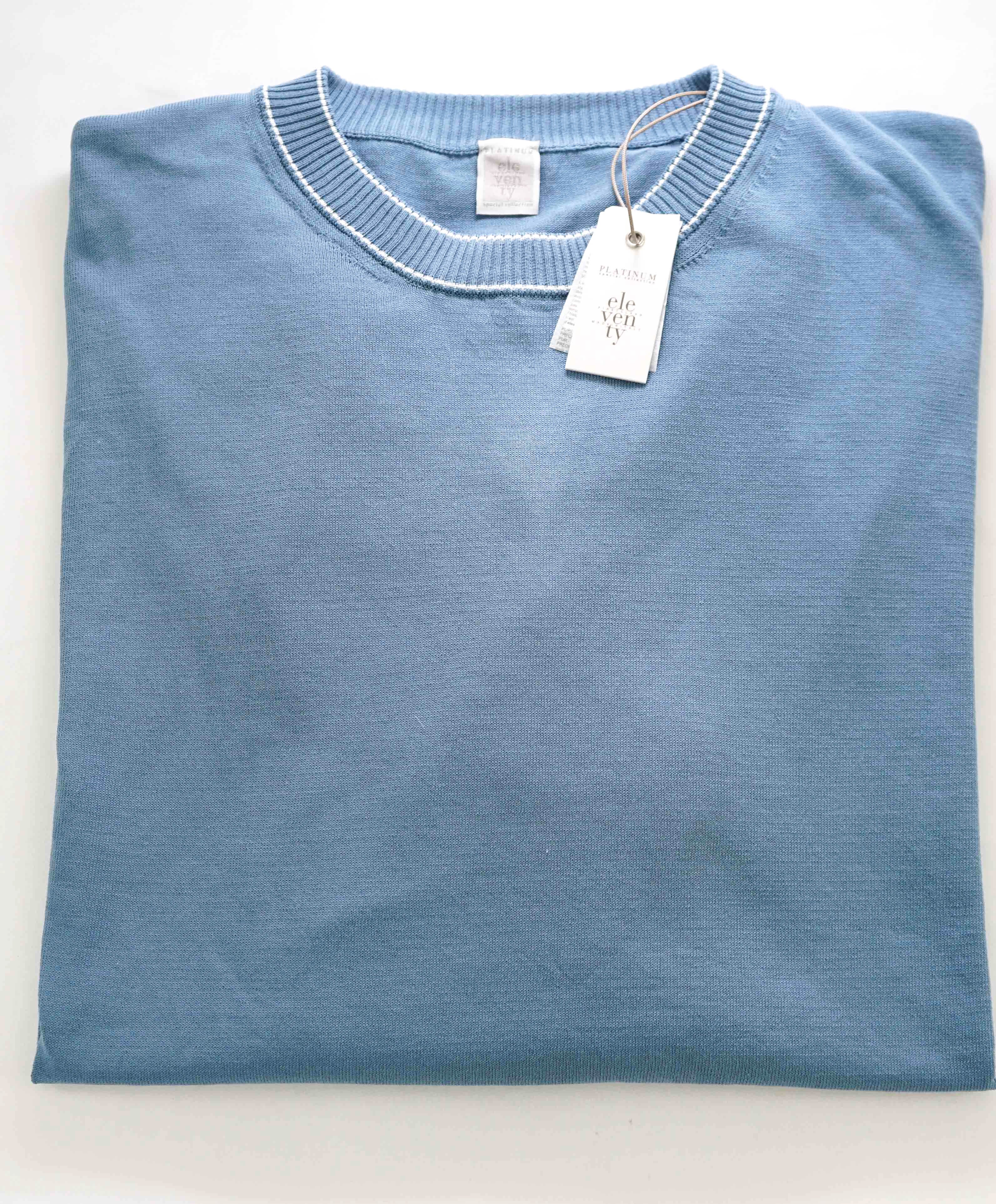 $595 ELEVENTY - Teal Crewneck Ivory Tipped Cotton Sweater - XXL