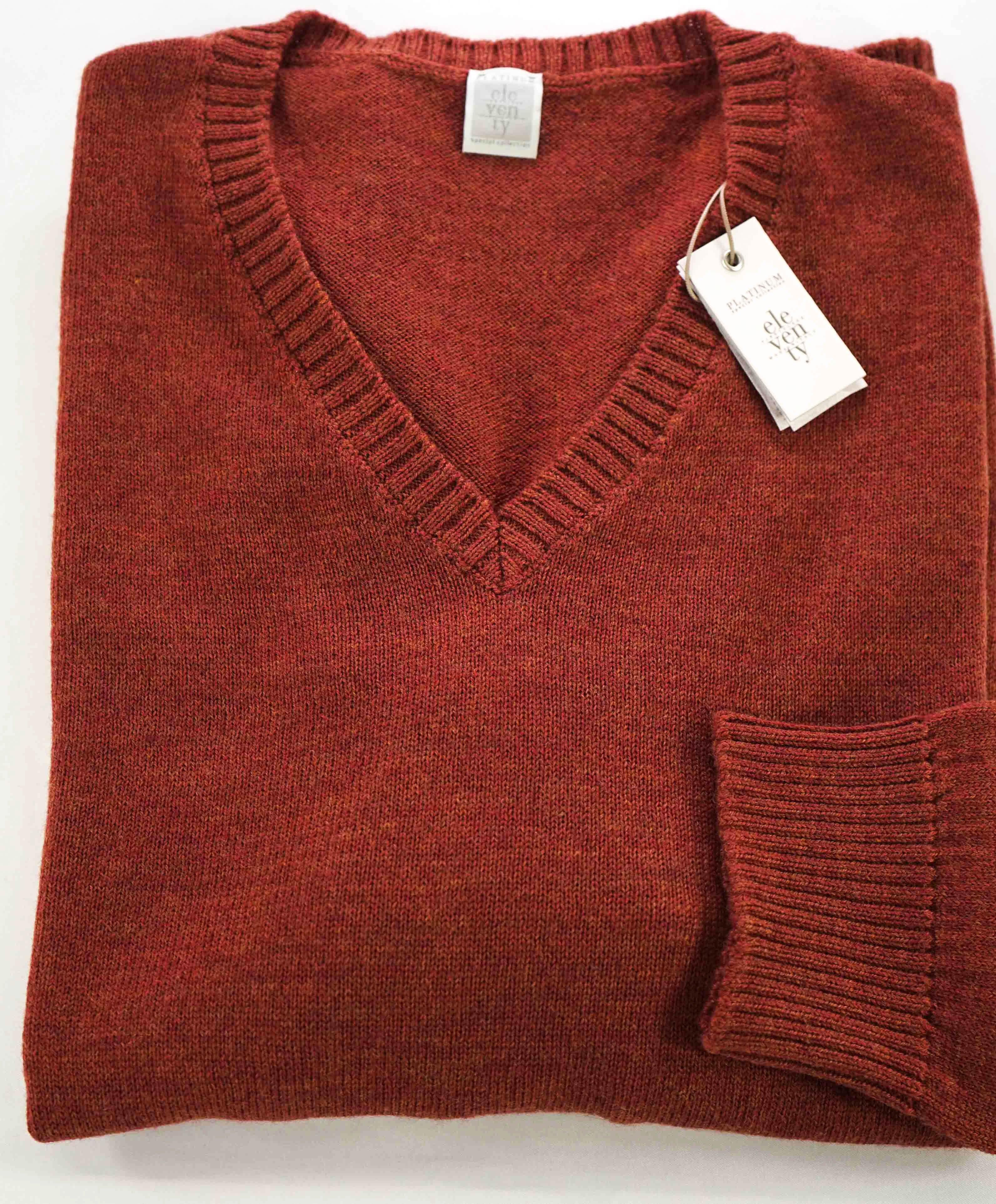 $545 ELEVENTY - Rust Orange Pure Wool V-Neck Sweater - XL