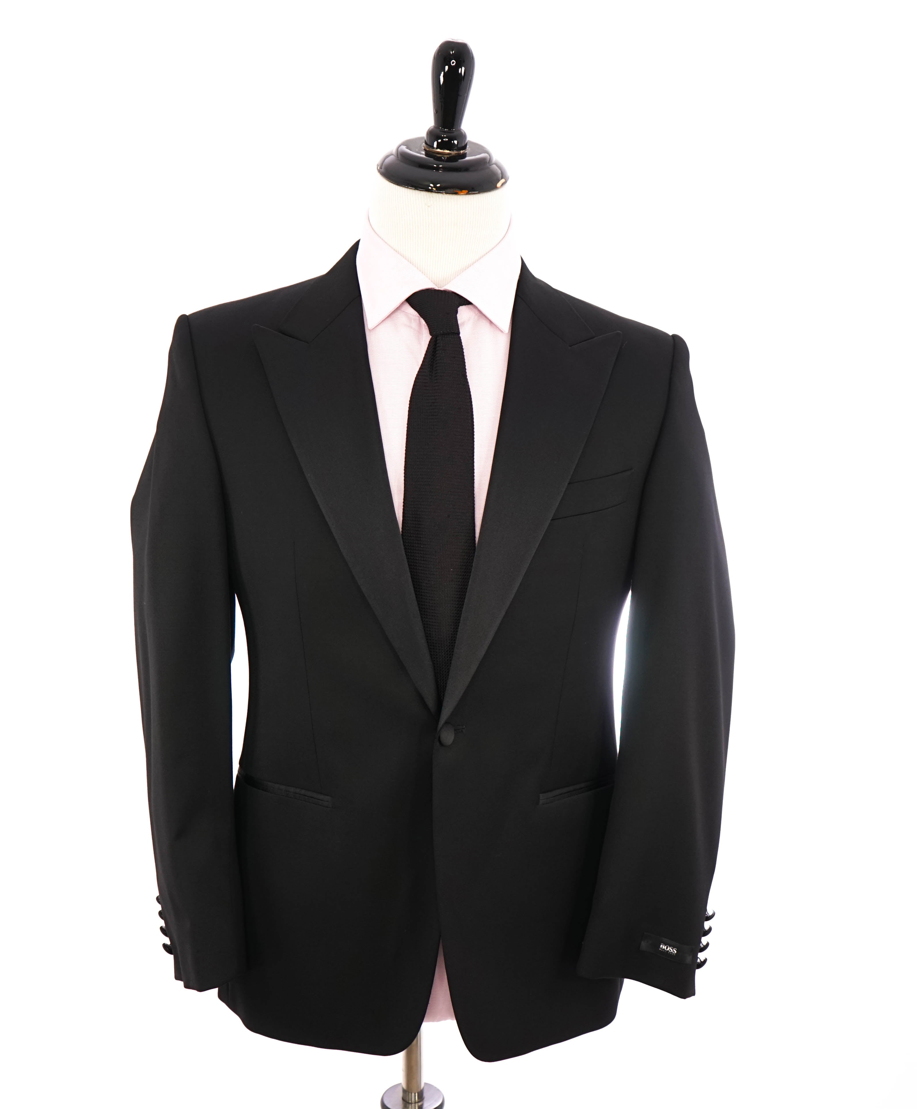 $1,495 HUGO BOSS - PEAK LAPEL Super 100 Solid Black 1-Button Tuxedo Suit - 36S