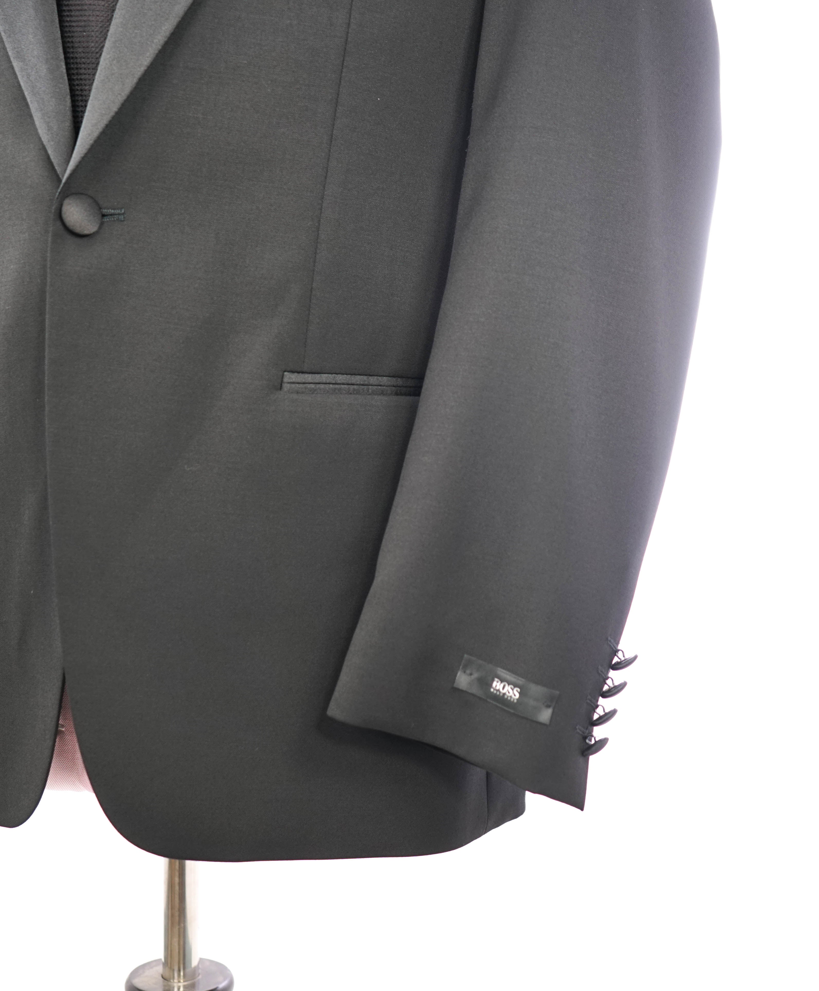 $1,495 HUGO BOSS - PEAK LAPEL Super 100 Solid Black 1-Button Tuxedo Suit - 36S