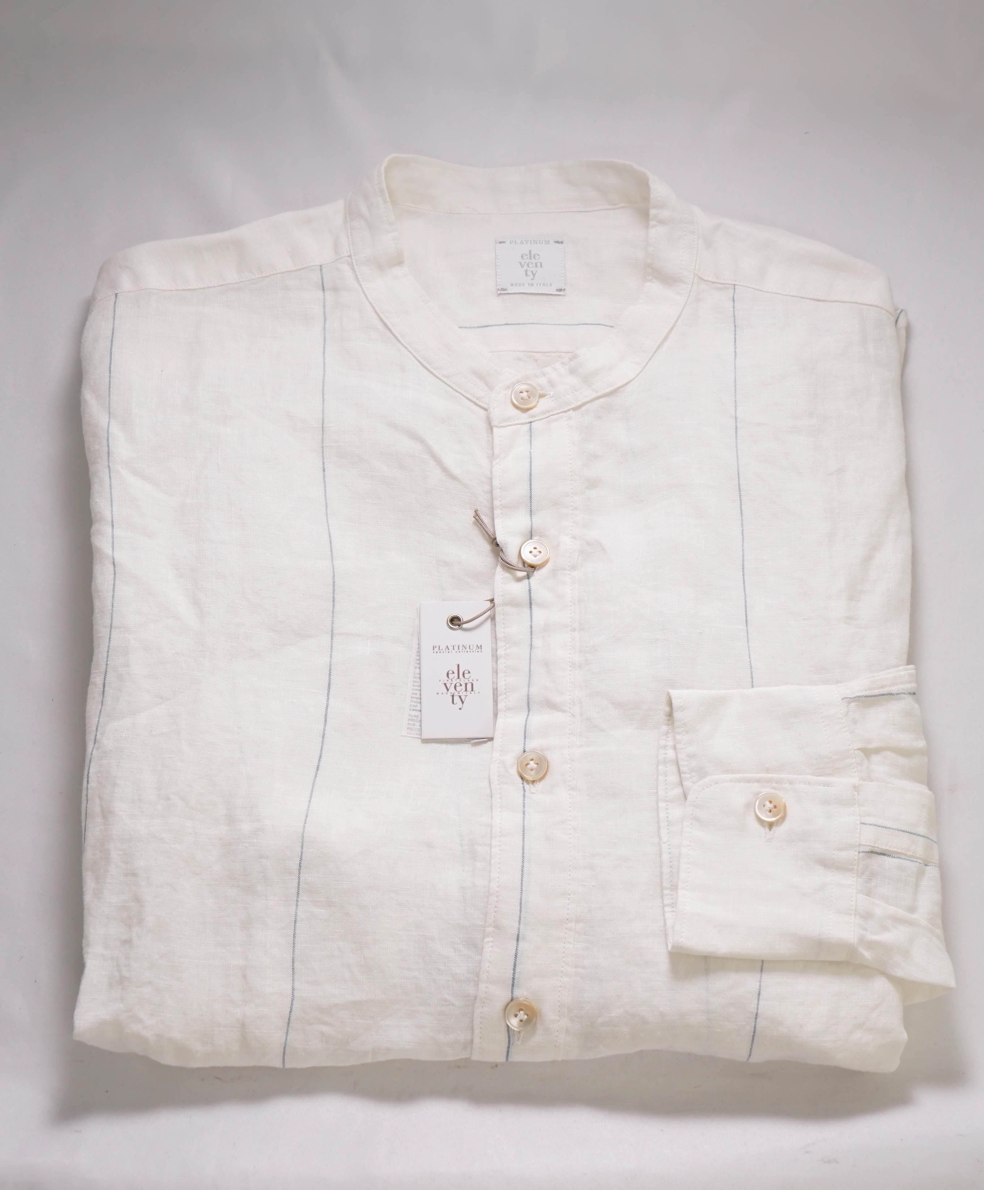 $395 ELEVENTY - PURE LINEN Ivory/Blue Collarless Button Dress Shirt - XXL (43)