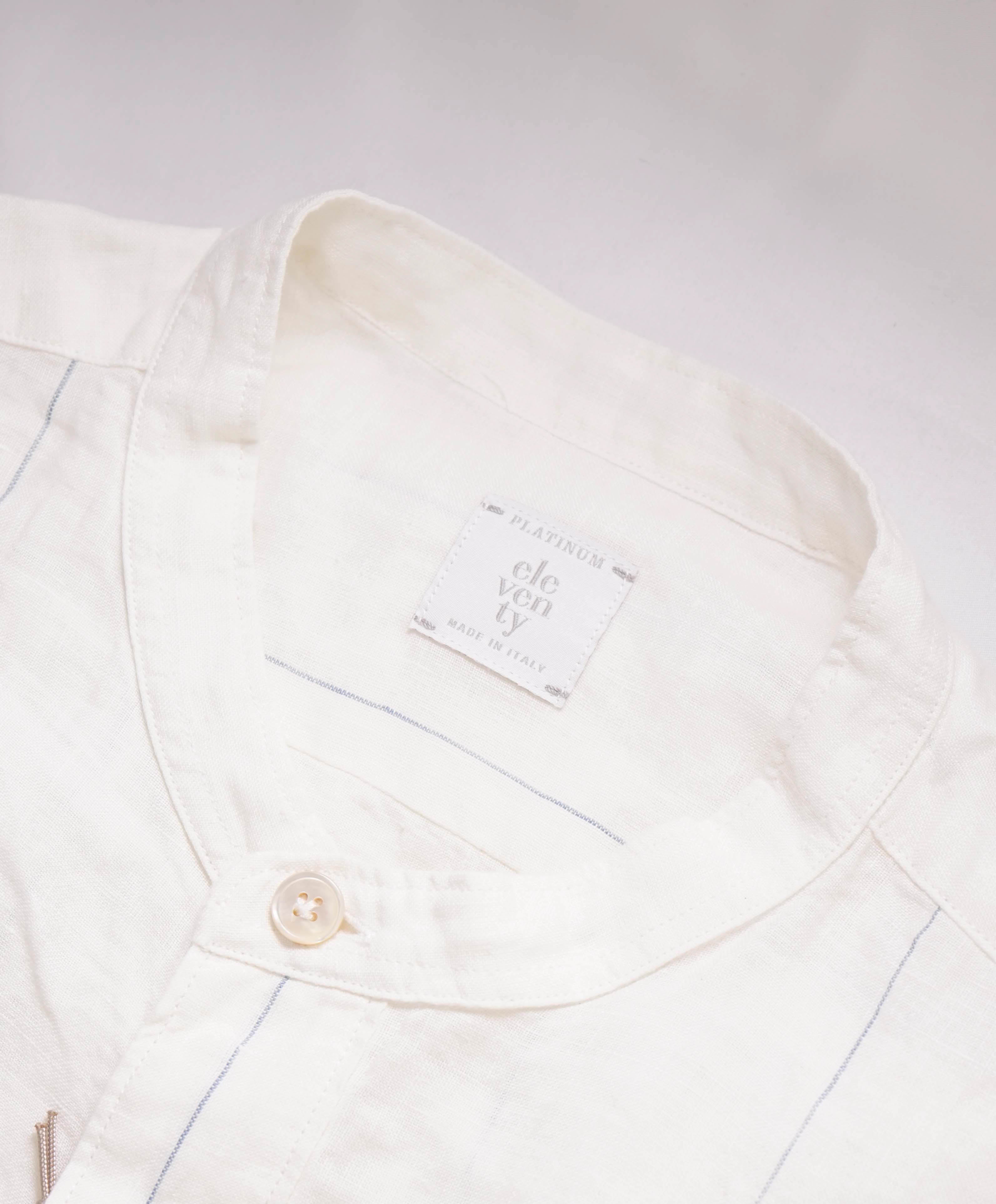 $395 ELEVENTY - PURE LINEN Ivory/Blue Collarless Button Dress Shirt - XXL (43)