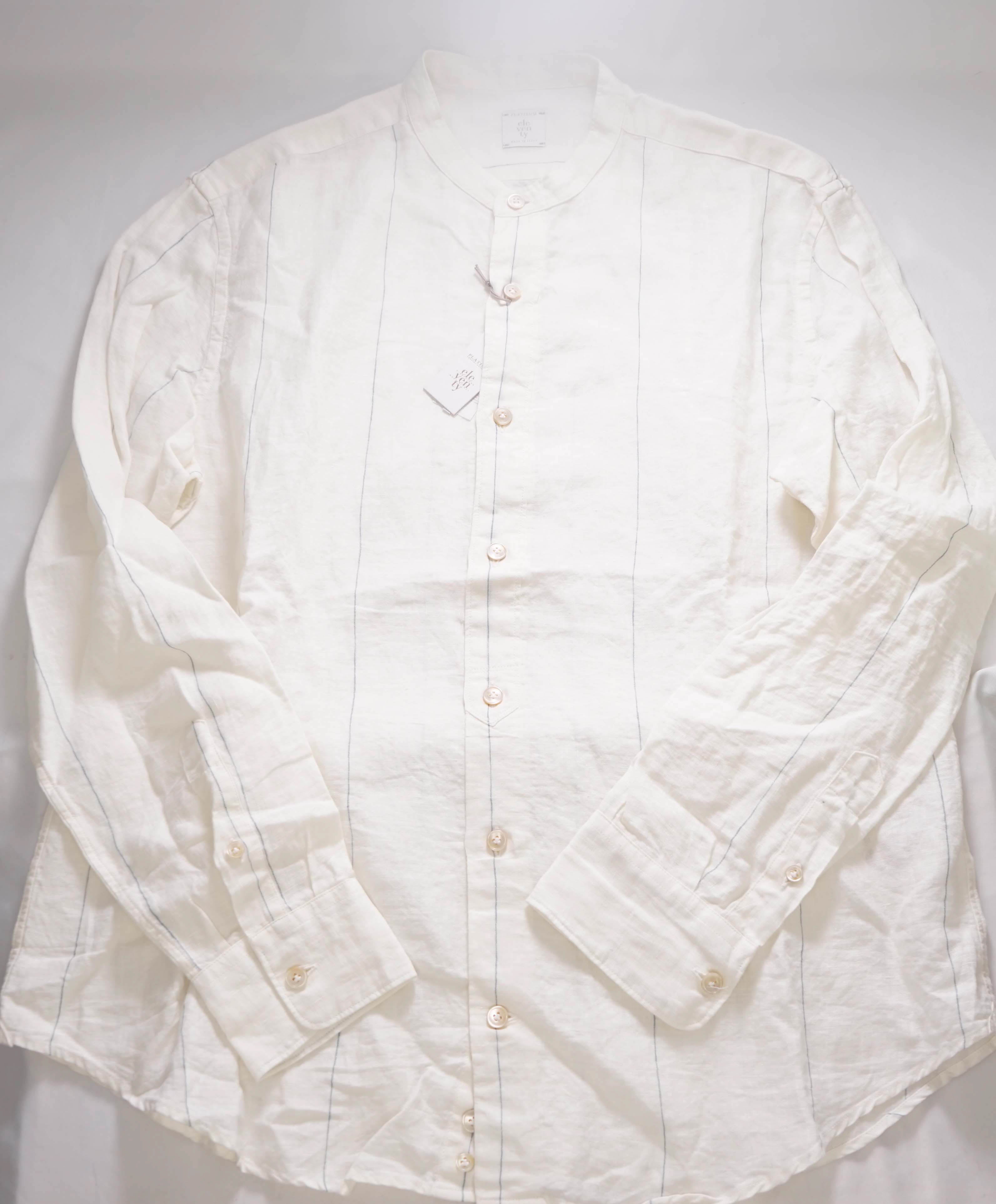 $395 ELEVENTY - PURE LINEN Ivory/Blue Collarless Button Dress Shirt - XXL (43)