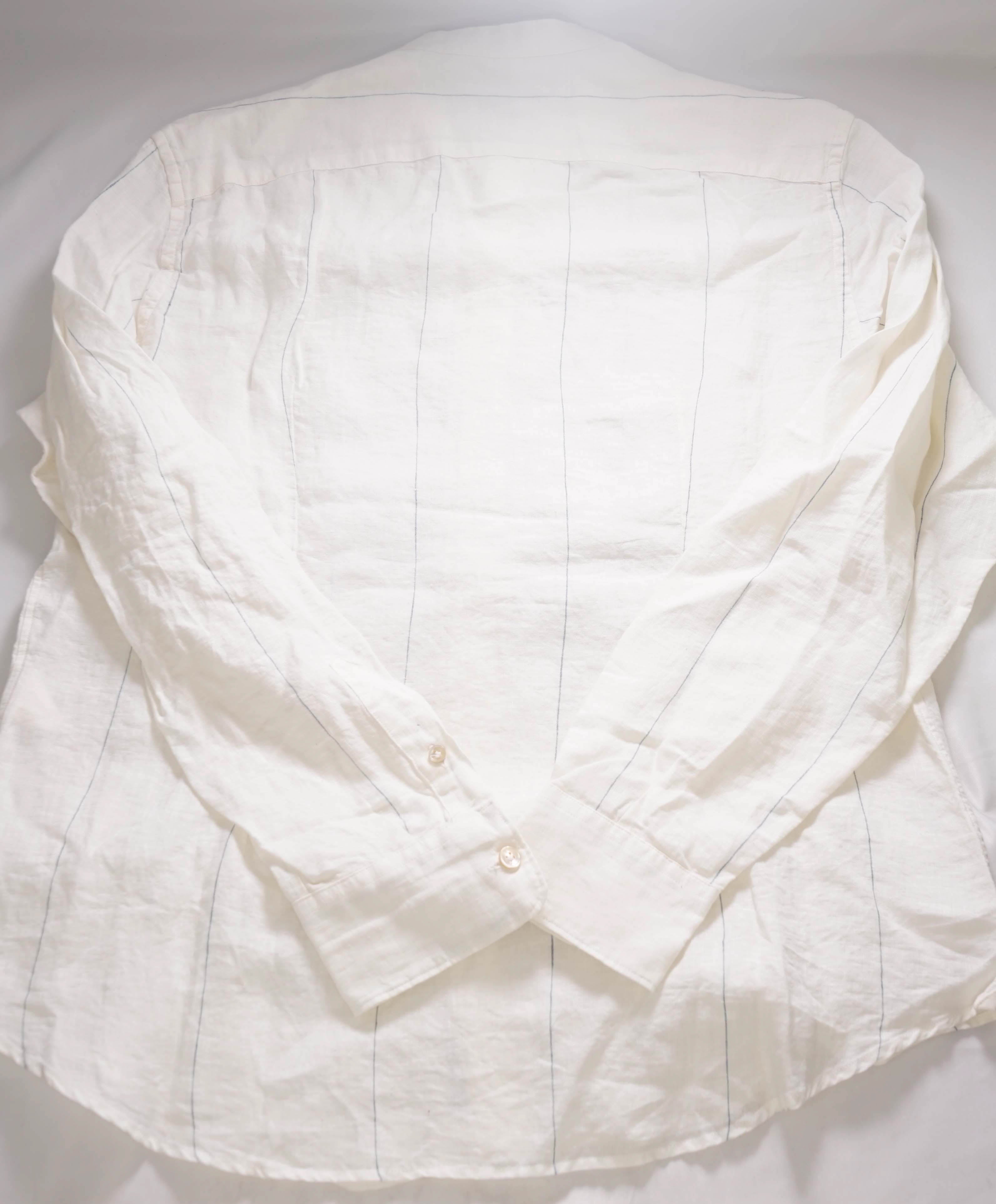 $395 ELEVENTY - PURE LINEN Ivory/Blue Collarless Button Dress Shirt - L (41)