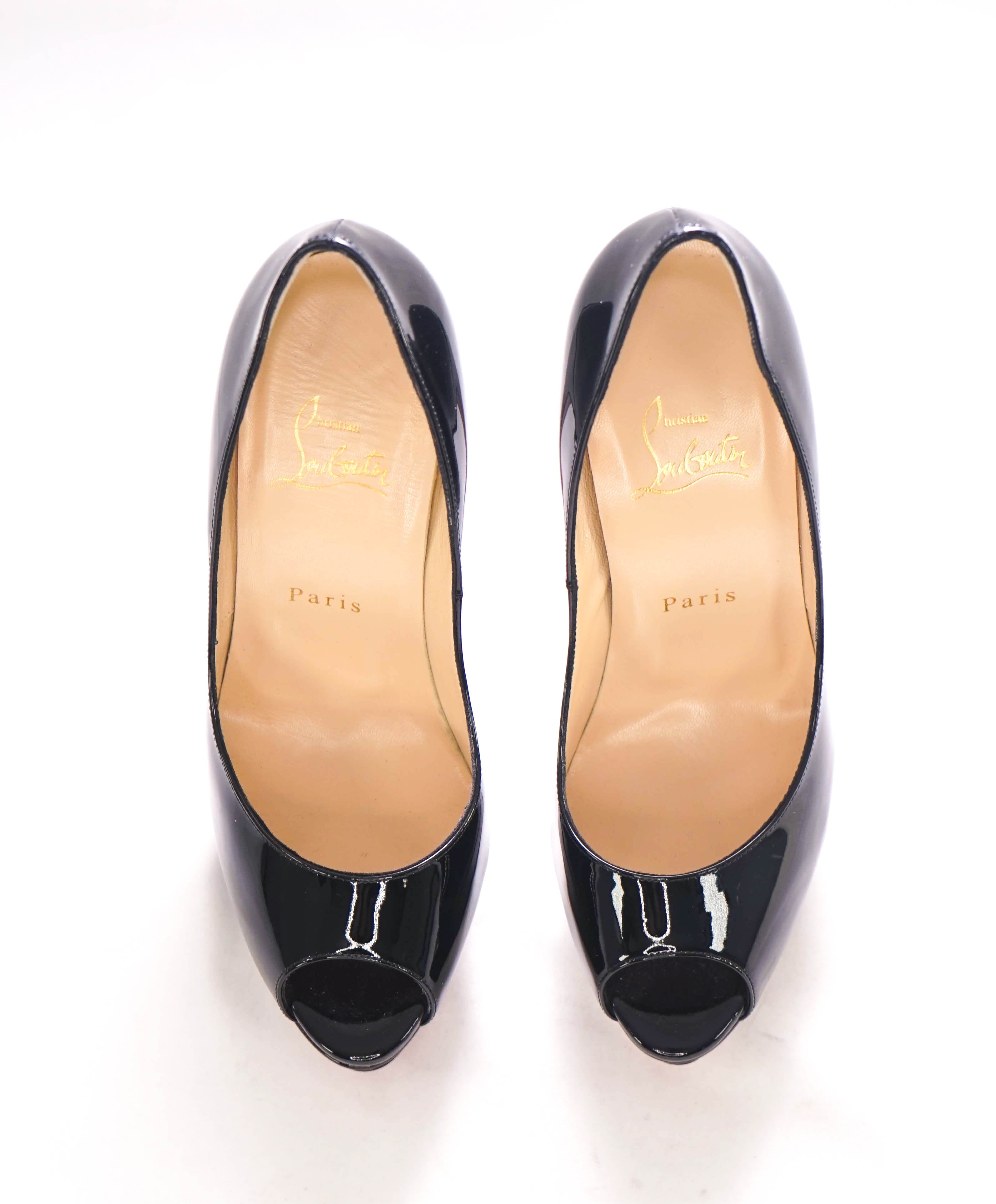 $945 CHRISTIAN LOUBOUTIN - "PRIVE 120 LADY PEEP" Black Leather Pumps - 38