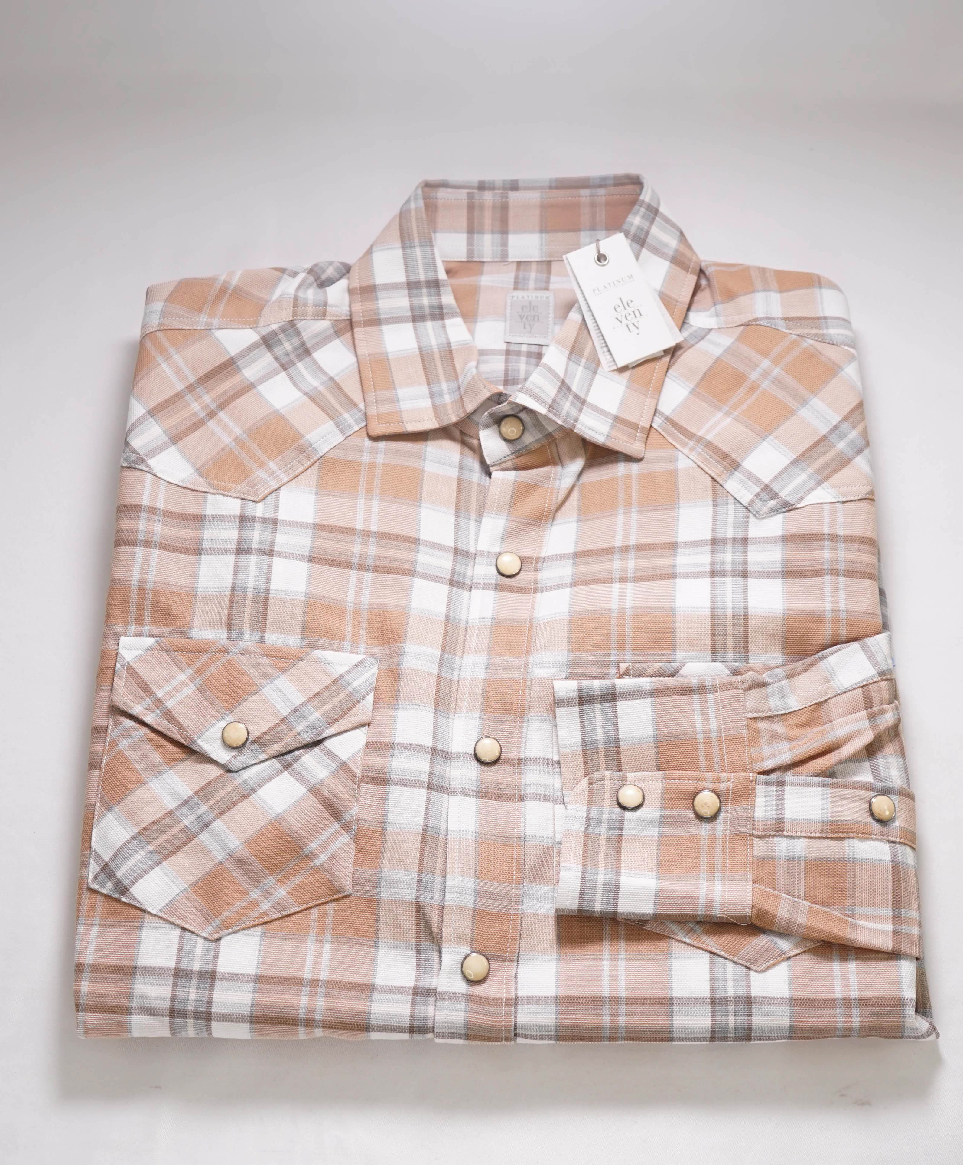 $495 ELEVENTY - *SNAP FRONT*  Neutral Cotton Dress Shirt - XL (42)