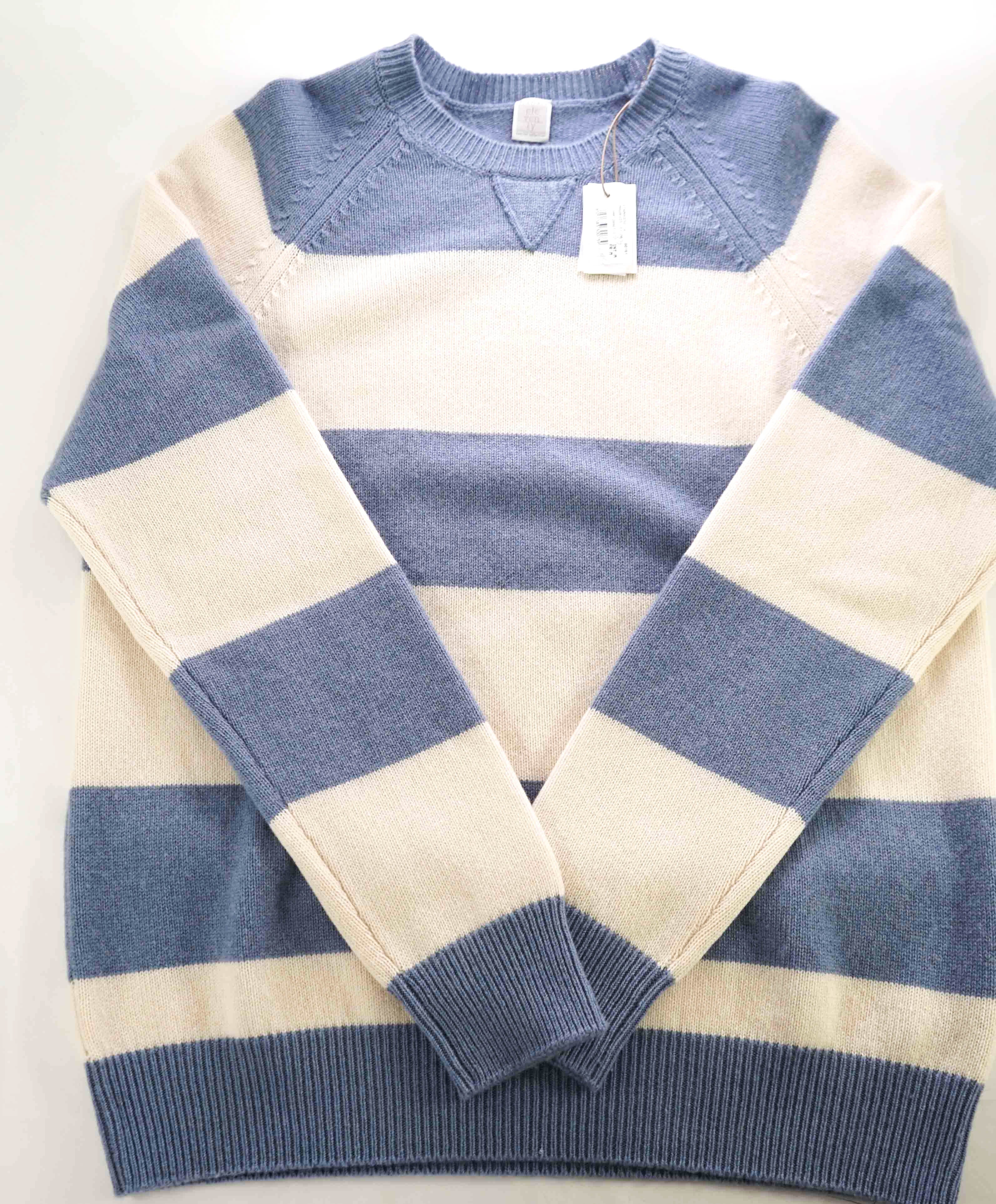 $1,095 ELEVENTY - 100% PURE CASHMERE Blue/White Crewneck Sweater - M