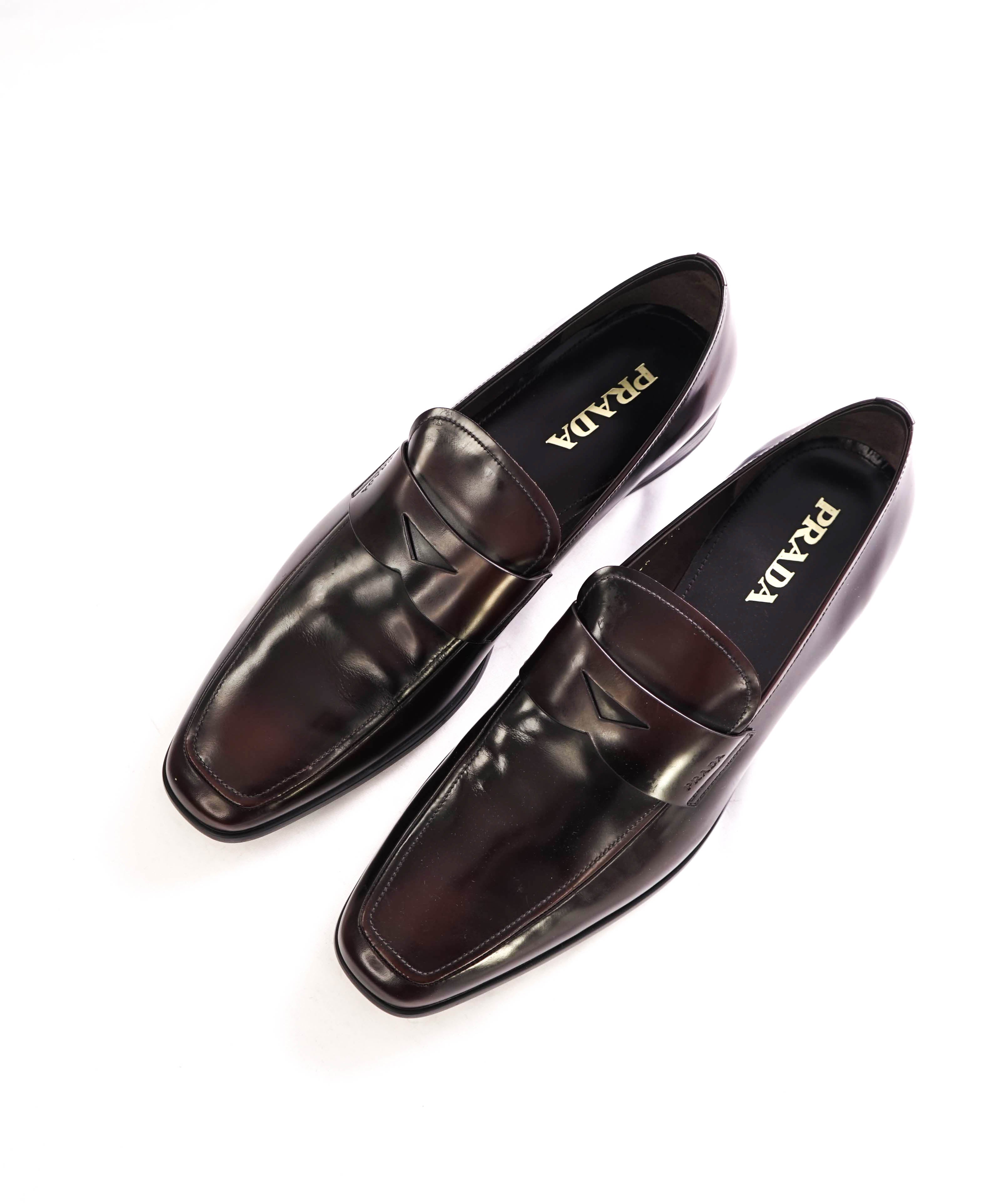 $950 PRADA - Cherry Brown Leather LOGO Penny Loafers - 13 US (12 Prada)