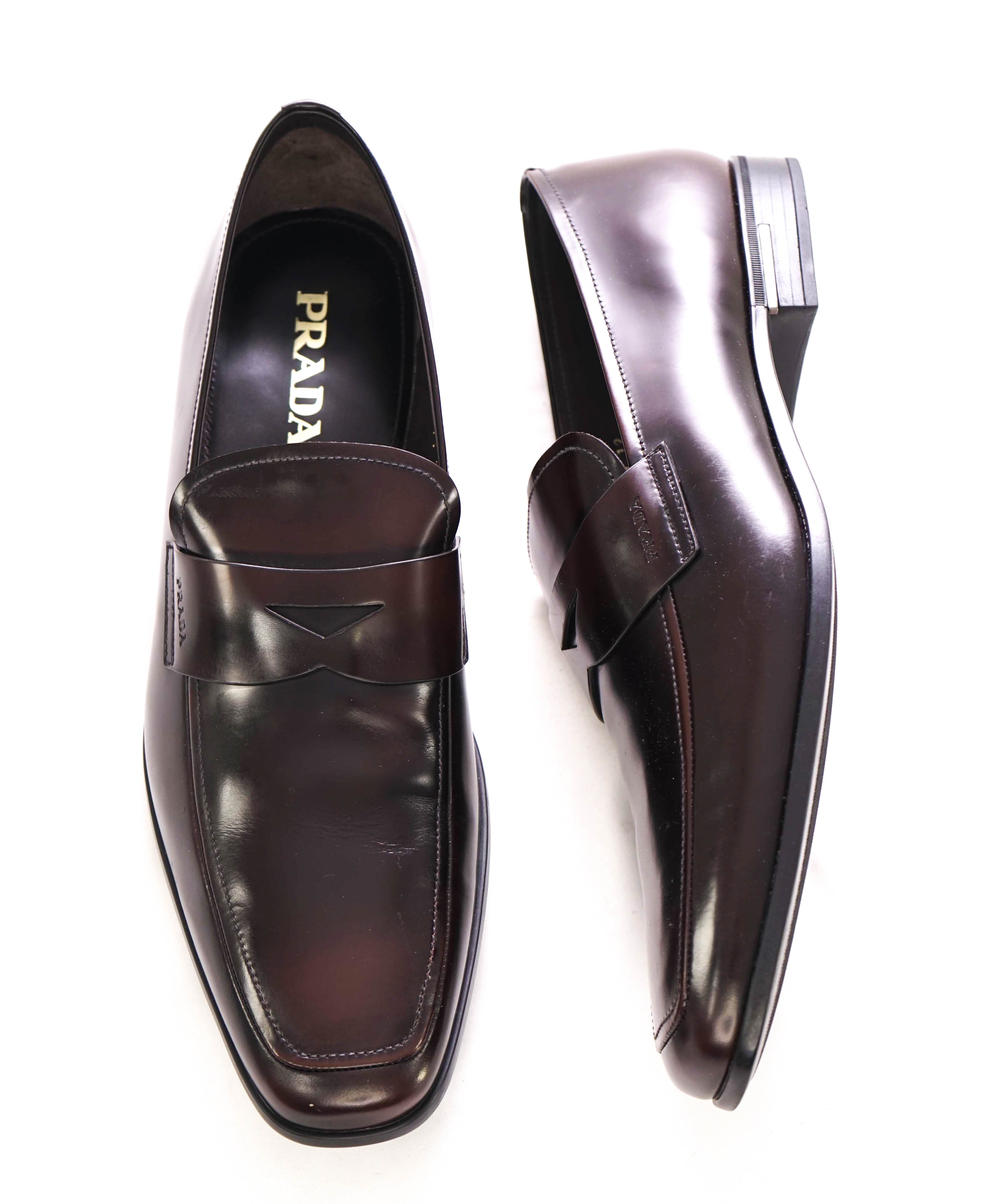 $950 PRADA - Cherry Brown Leather LOGO Penny Loafers - 13 US (12 Prada)