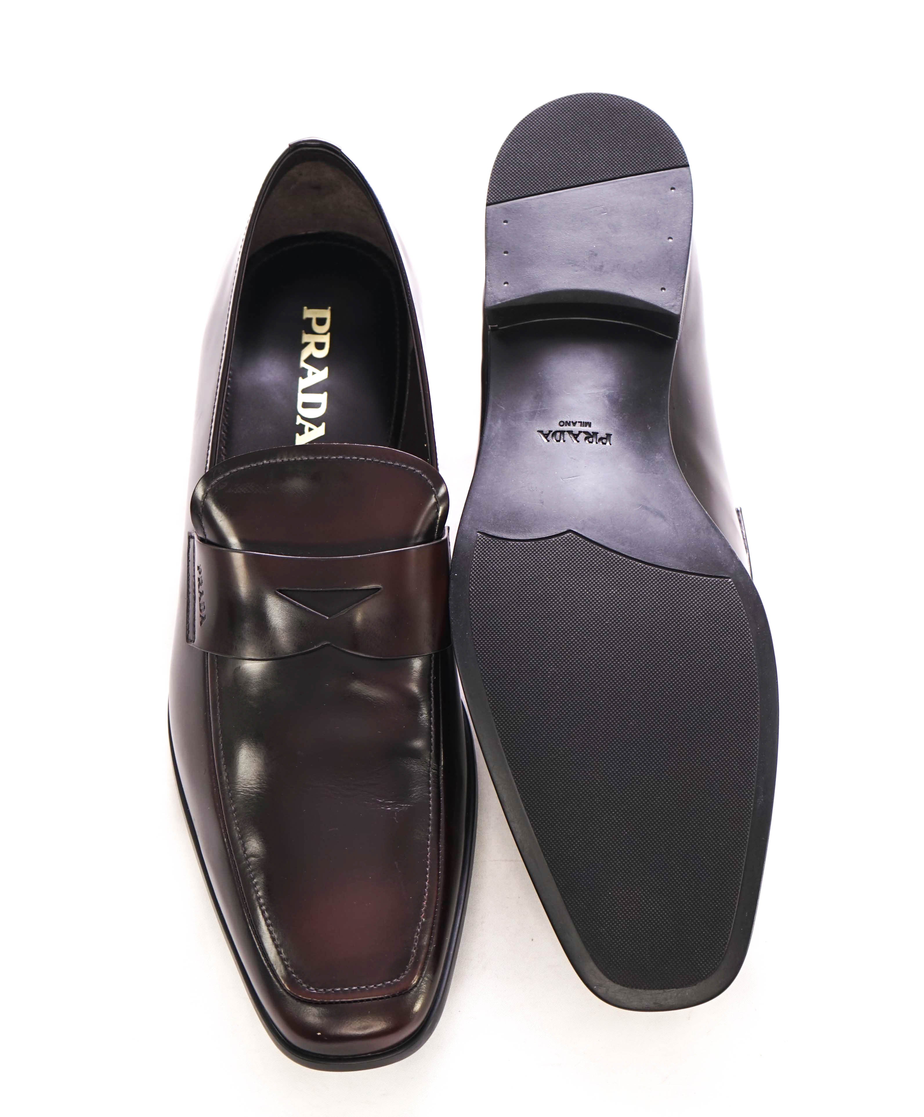 $950 PRADA - Cherry Brown Leather LOGO Penny Loafers - 13 US (12 Prada)