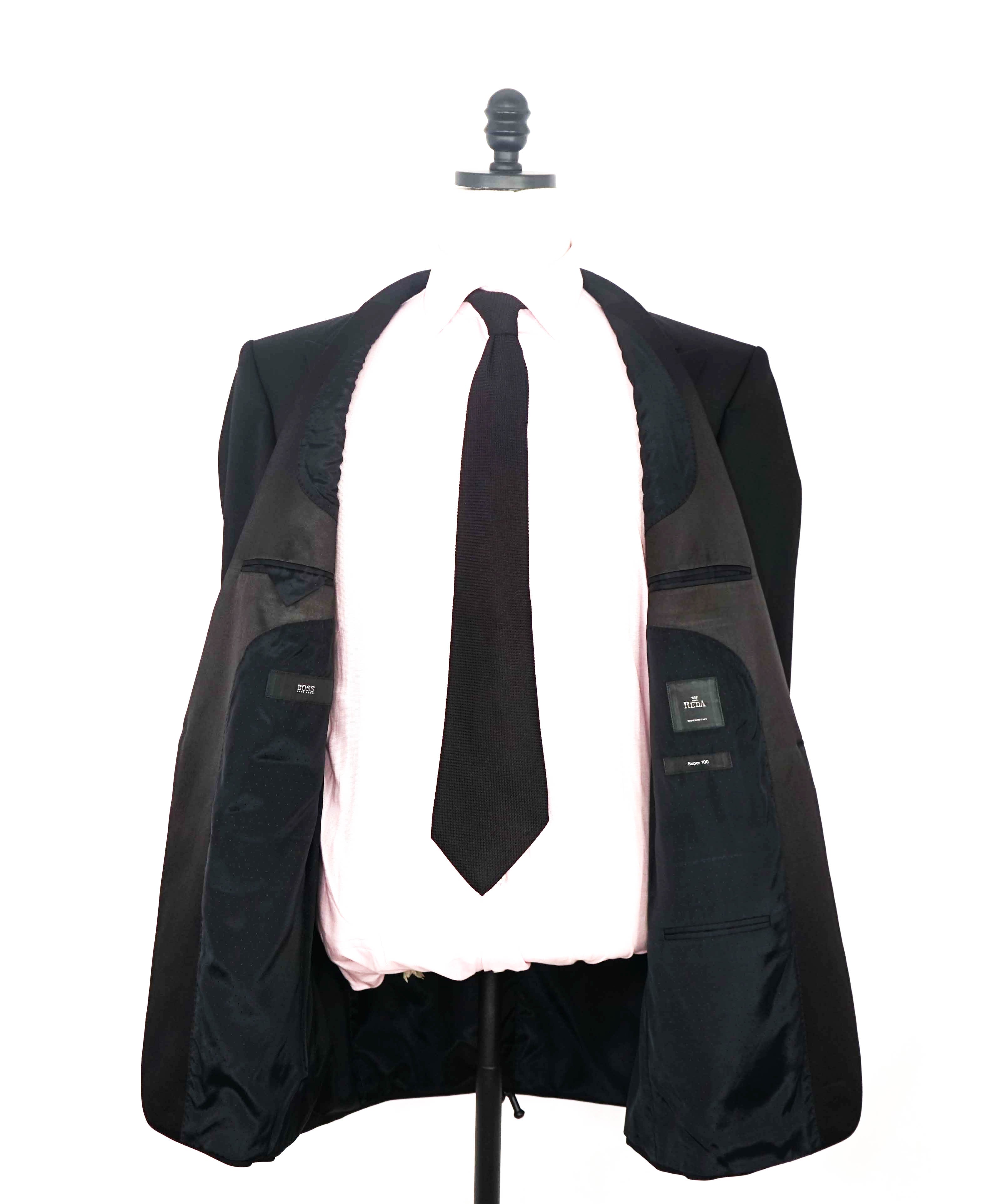 $1,495 HUGO BOSS - "REDA" PEAK LAPEL Super 100 Solid Black 1-Button Tuxedo Suit - 42L