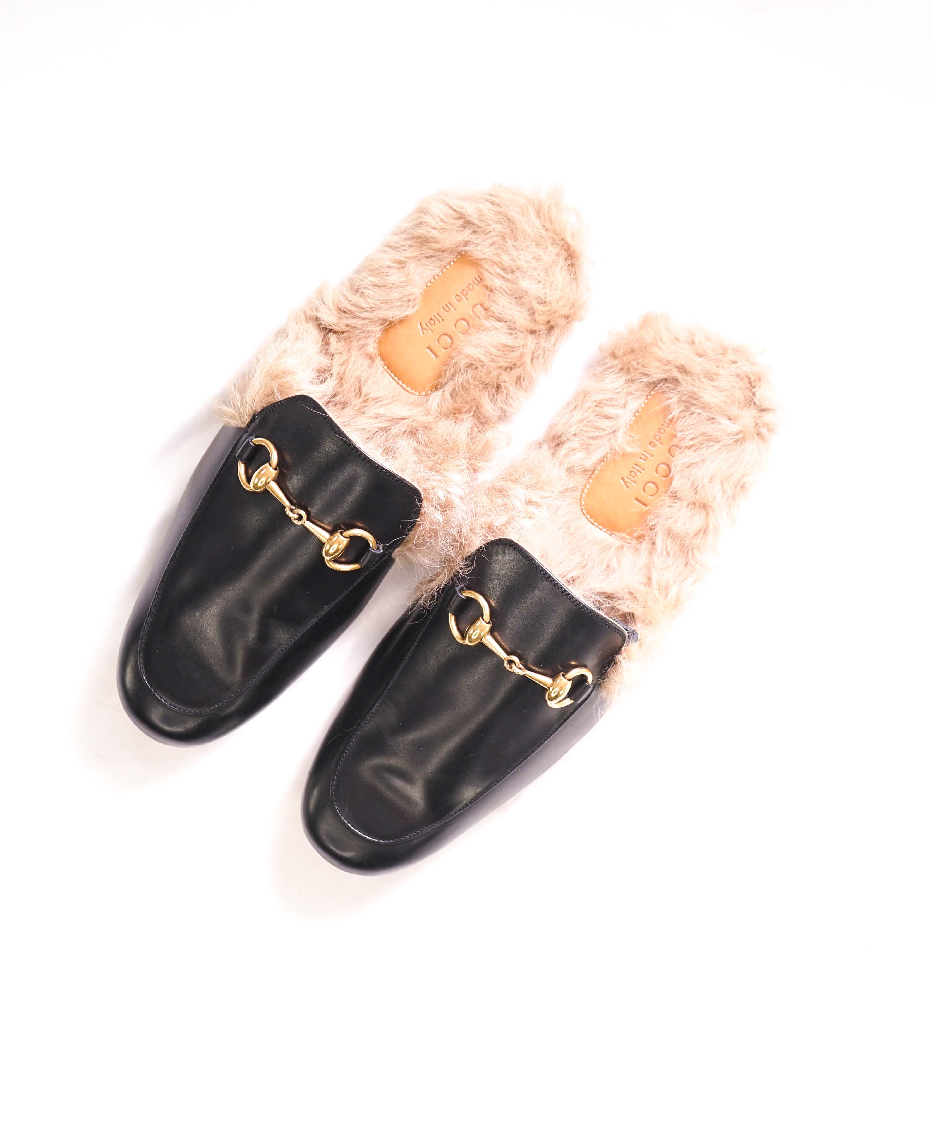 $1,095 GUCCI - "Princeton" Fur Lined Open Back Loafers Slides Black - 7.5US (7G)