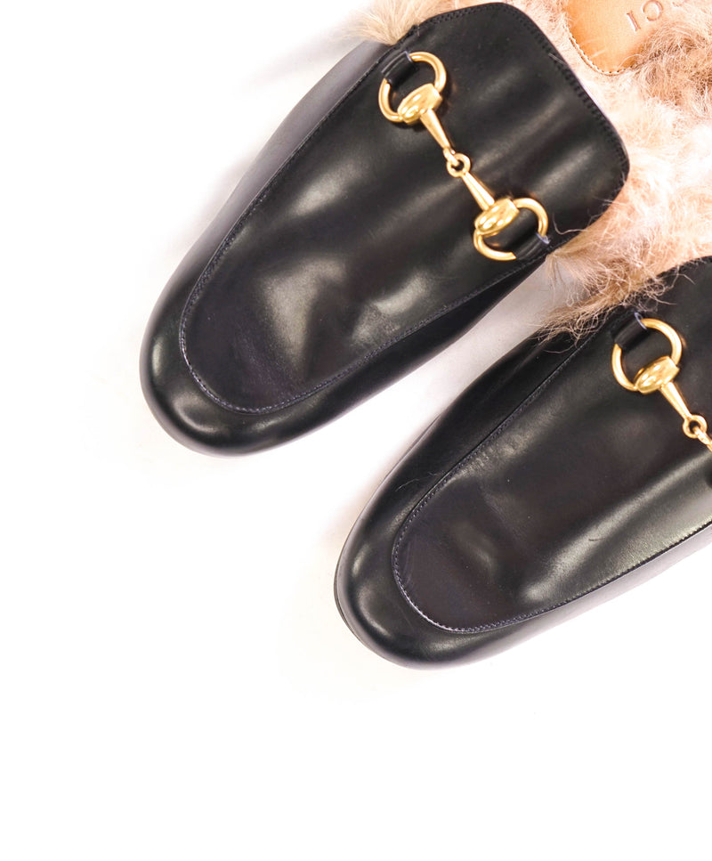 $1,095 GUCCI - "Princeton" Fur Lined Open Back Loafers Slides Black - 7.5US (7G)