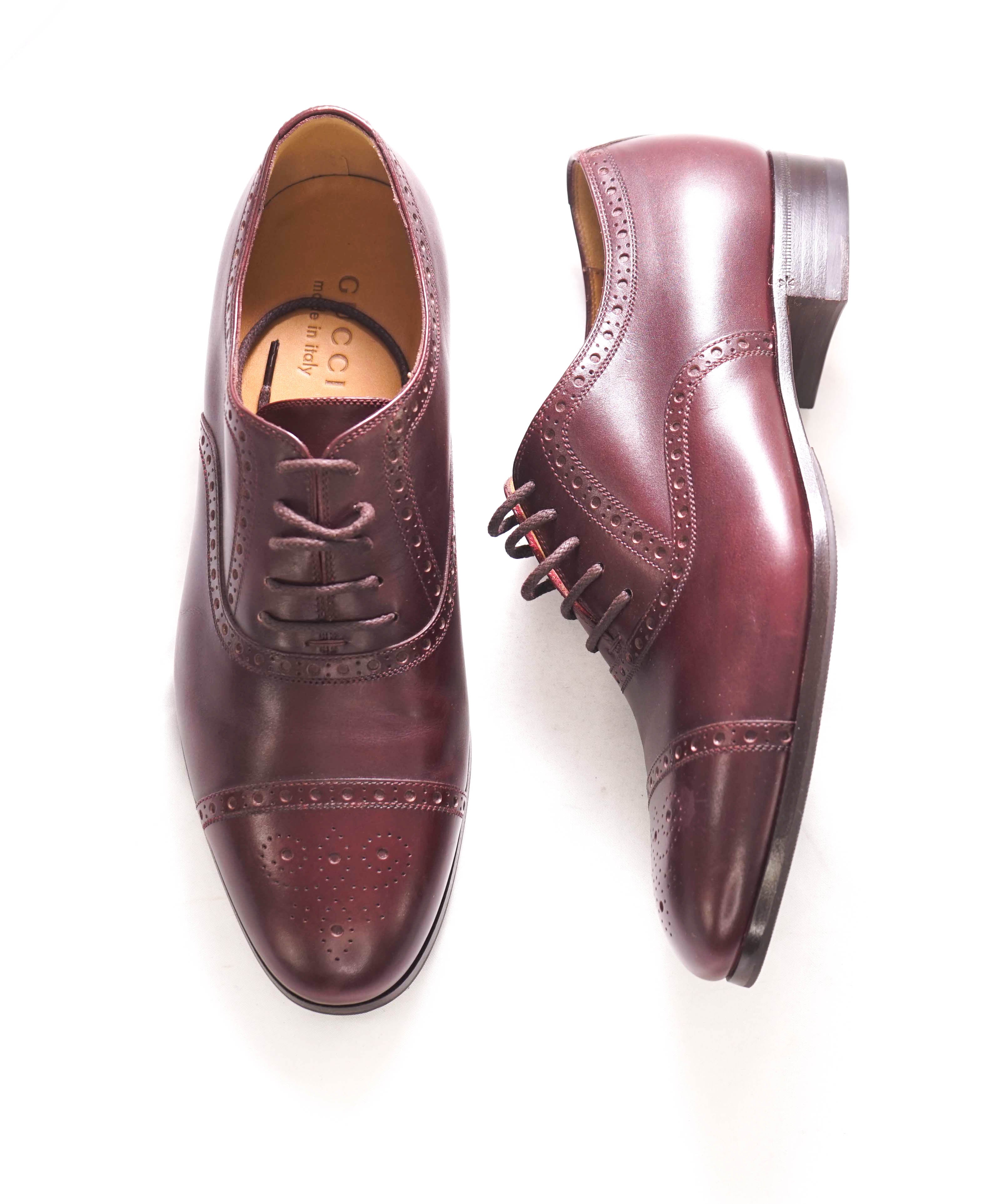 $950 GUCCI - "JAKARTA" Ruby Bordeaux Burgundy Logo Heel Oxford - 8US (7.5G)