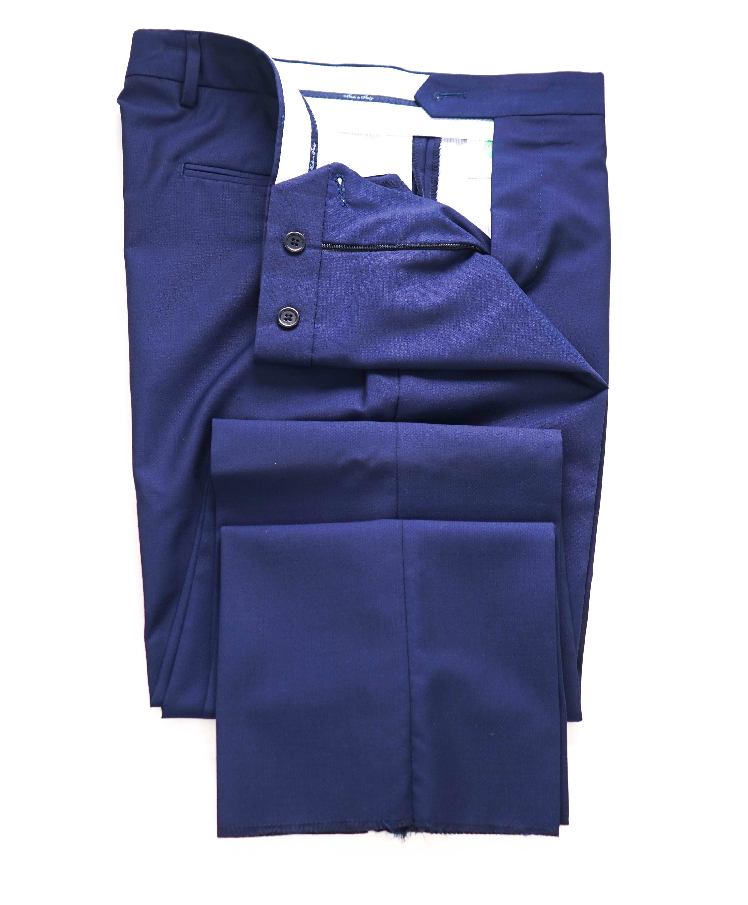 SAKS FIFTH AVE - Blue Txtrd Wool/Silk 'SLIM' MADE IN ITALY Flat Front Dress Pants - 32W