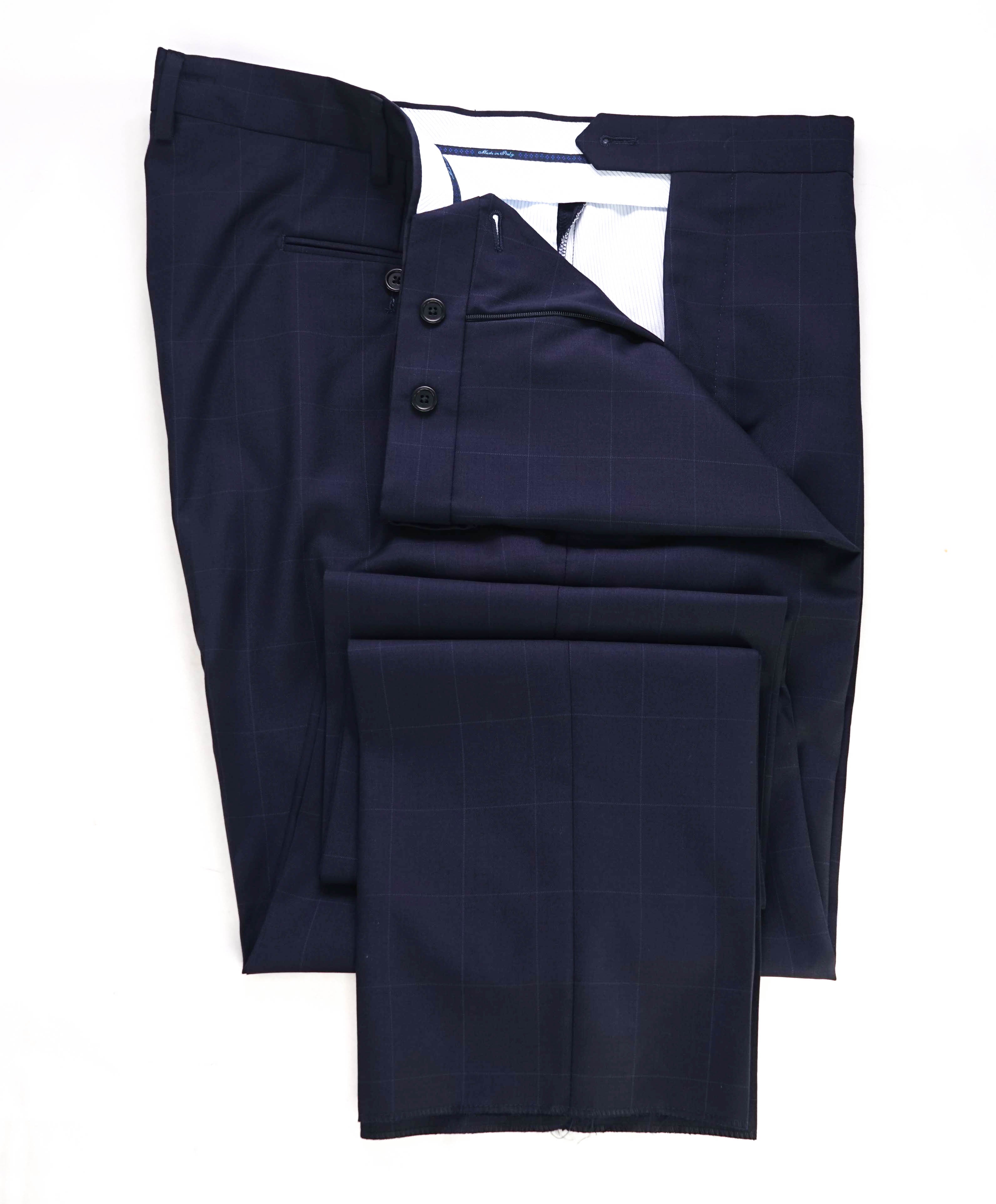 SAKS FIFTH AVE - Blue Check "Modern" Wool MADE IN ITALY Flat Front Dress Pants - 42W