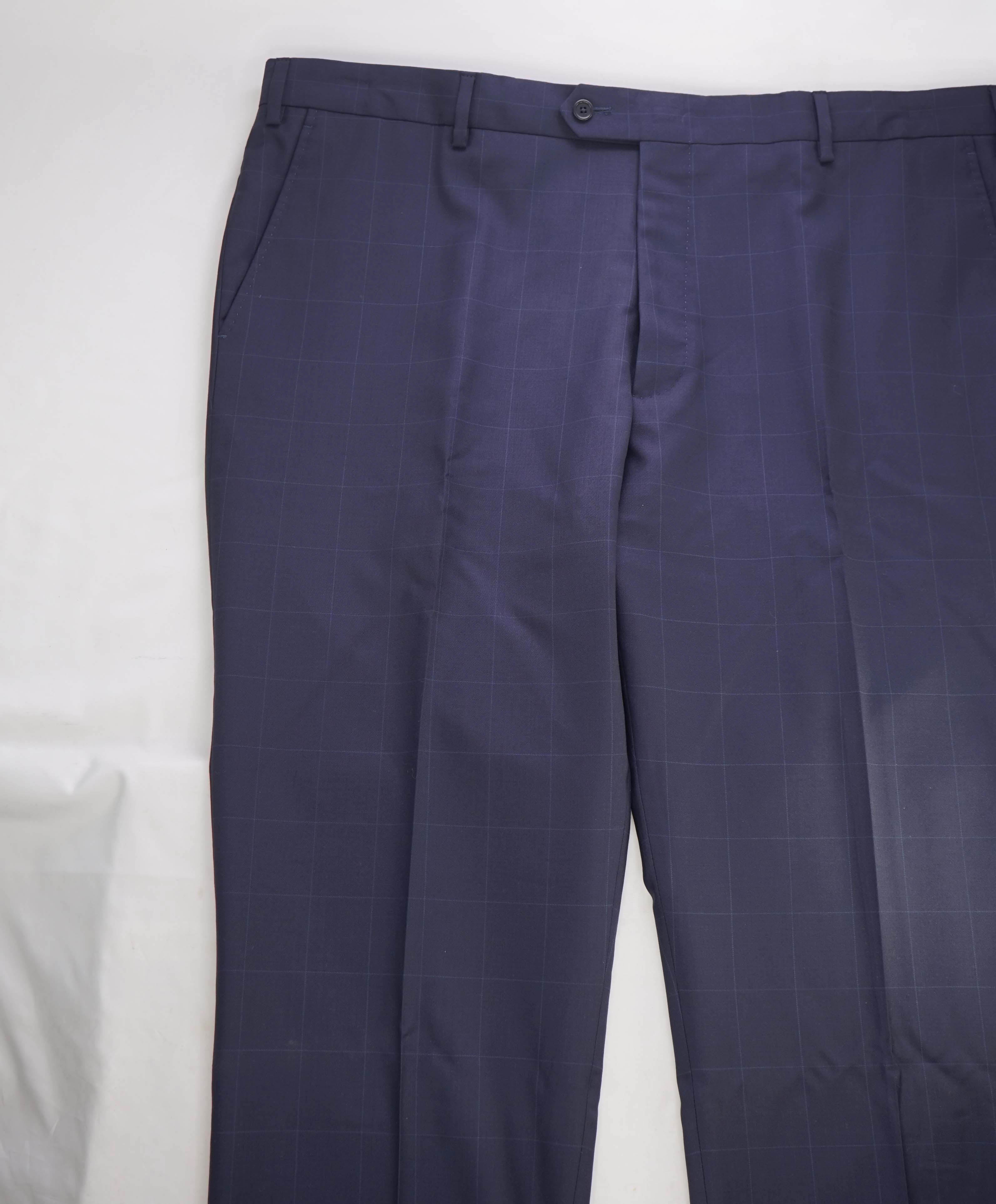 SAKS FIFTH AVE - Blue Check "Modern" Wool MADE IN ITALY Flat Front Dress Pants - 42W