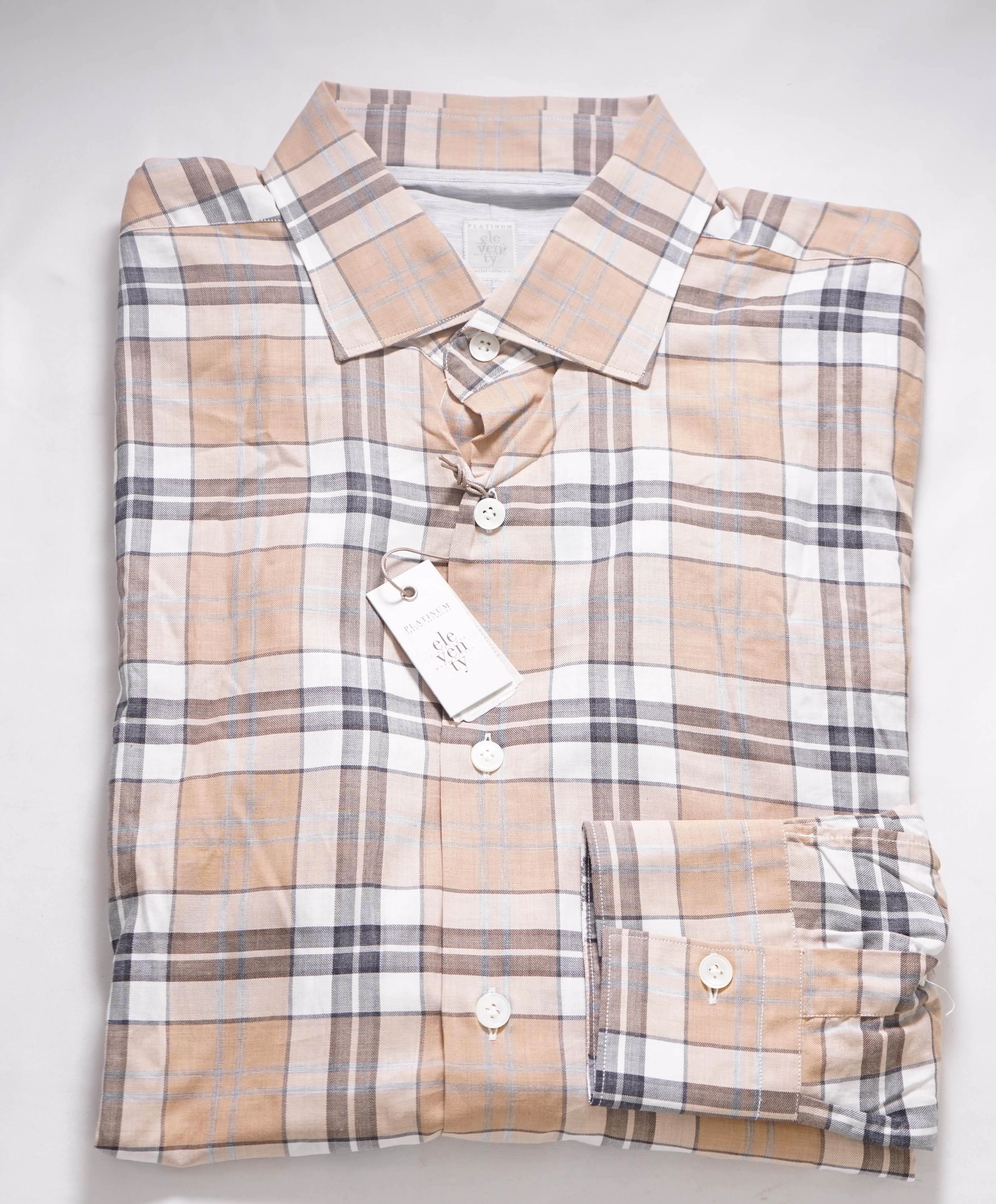 $395 ELEVENTY -Neutral *POPOVER* Check Plaid Button Dress Shirt - L (41)