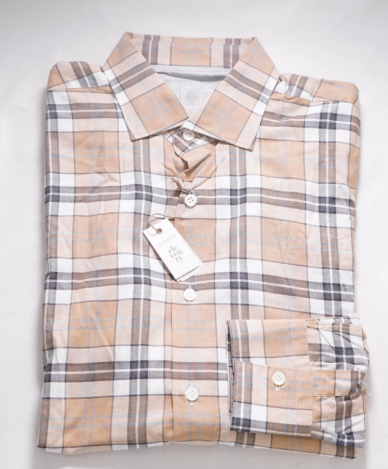 $395 ELEVENTY -Neutral *POPOVER* Check Plaid Button Dress Shirt - M (40)