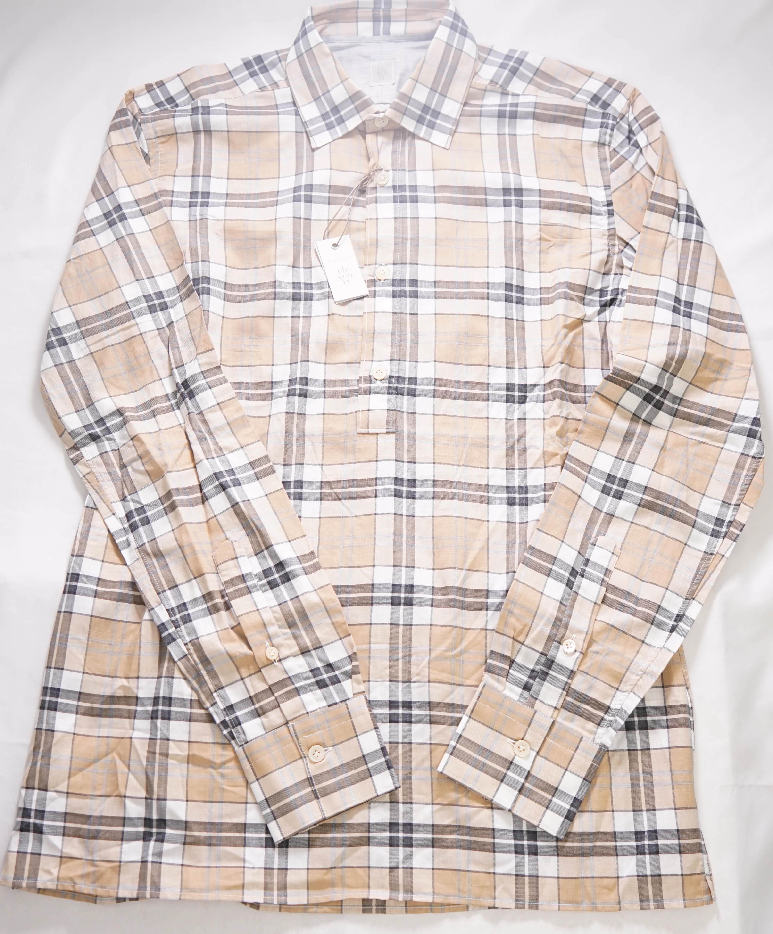 $395 ELEVENTY -Neutral *POPOVER* Check Plaid Button Dress Shirt - S (39)