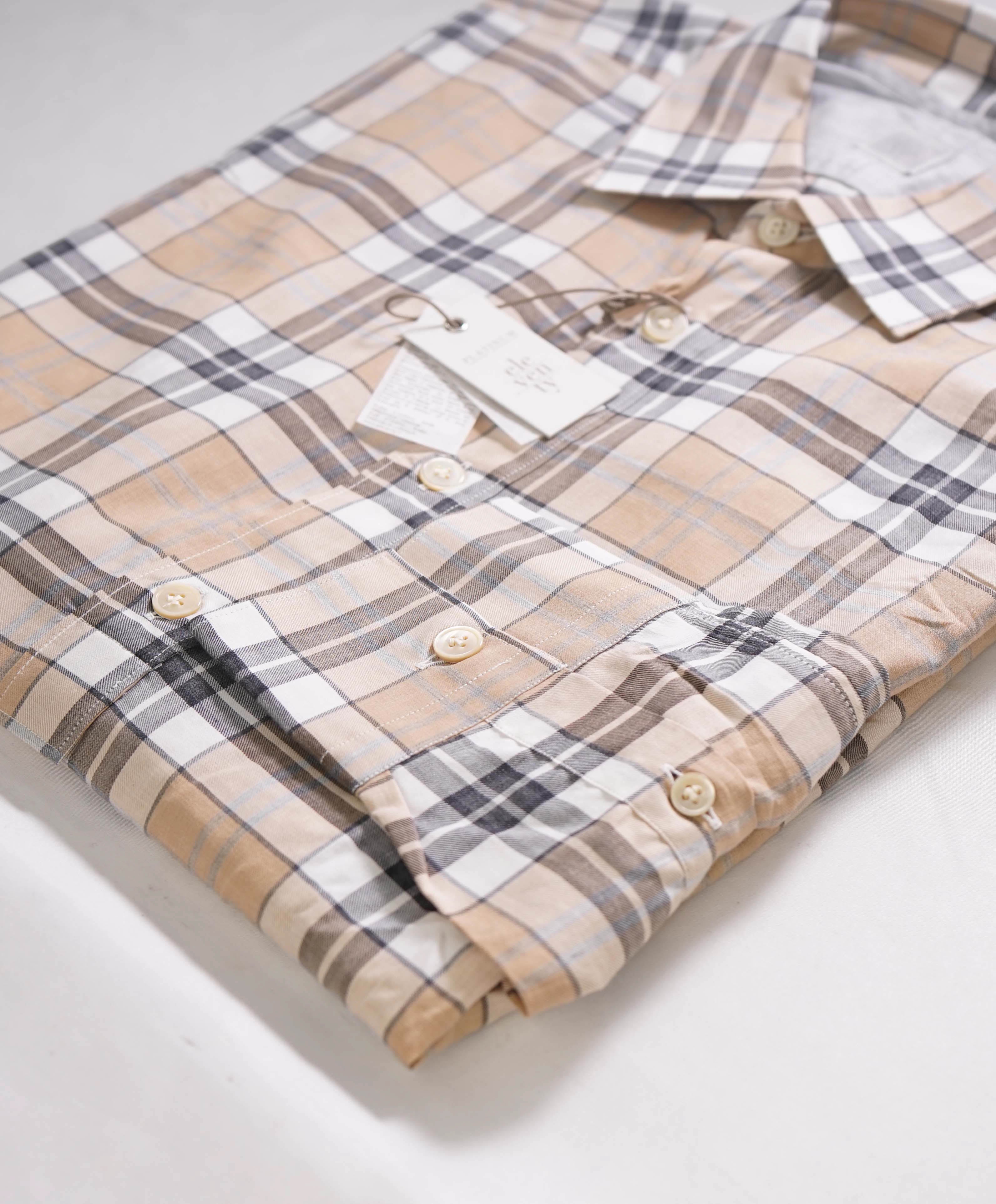 $395 ELEVENTY -Neutral *POPOVER* Check Plaid Button Dress Shirt - S (39)