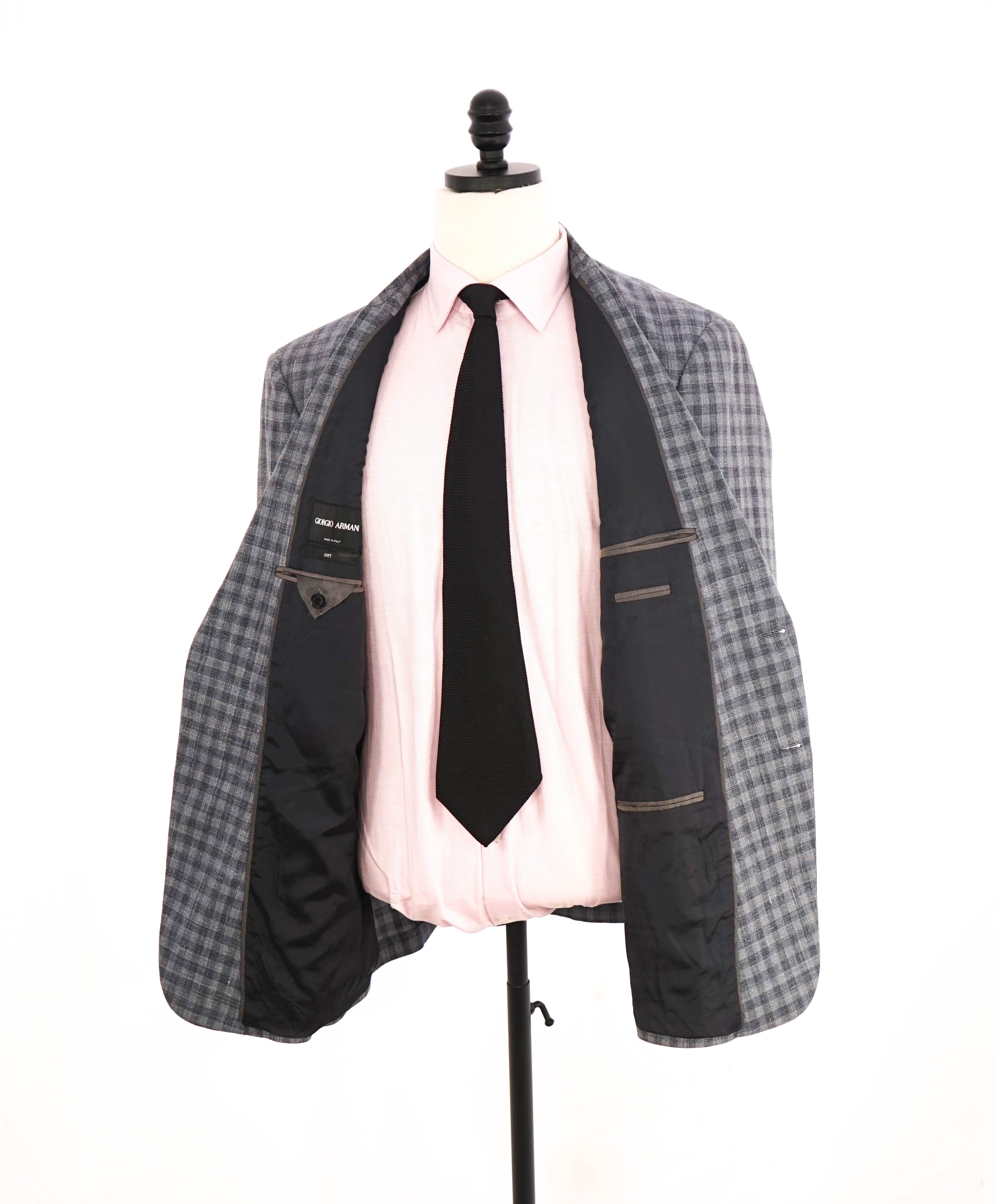 $2,295 GIORGIO ARMANI - “SOFT” Wool/Silk/Linen Oxford Weave Gray Check Blazer - 46R